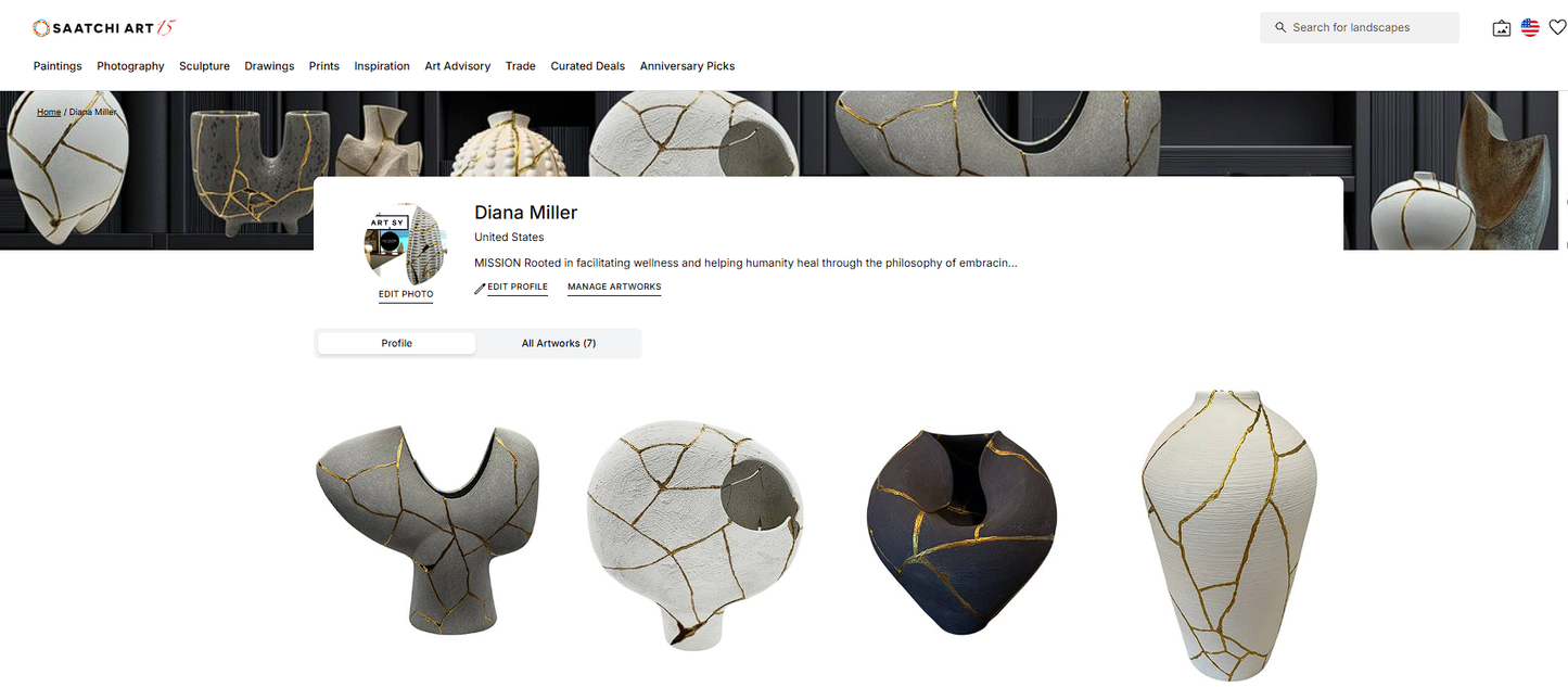 Diana Miller artist profile page on Saatchi Art showing ceramic sculptures with gold crack designs on white background.