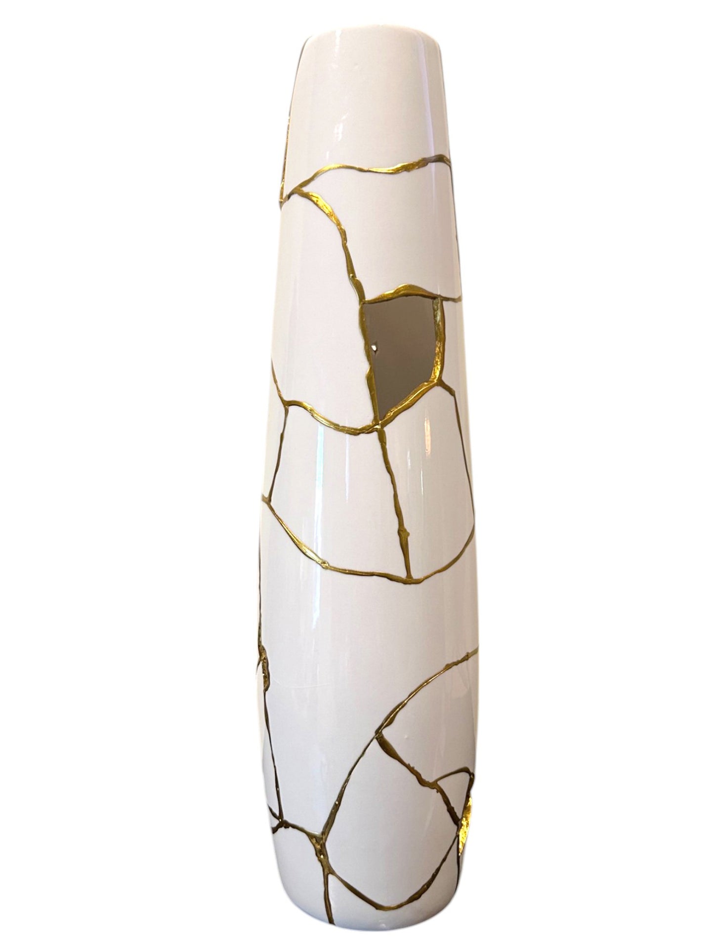 Modern Kintsugi Giraffe Tall Vase - Broken + Repaired Japanese Pottery - Hand Painted Gold - Cylinder/Glossy - Table/Floor - White (H) 18in