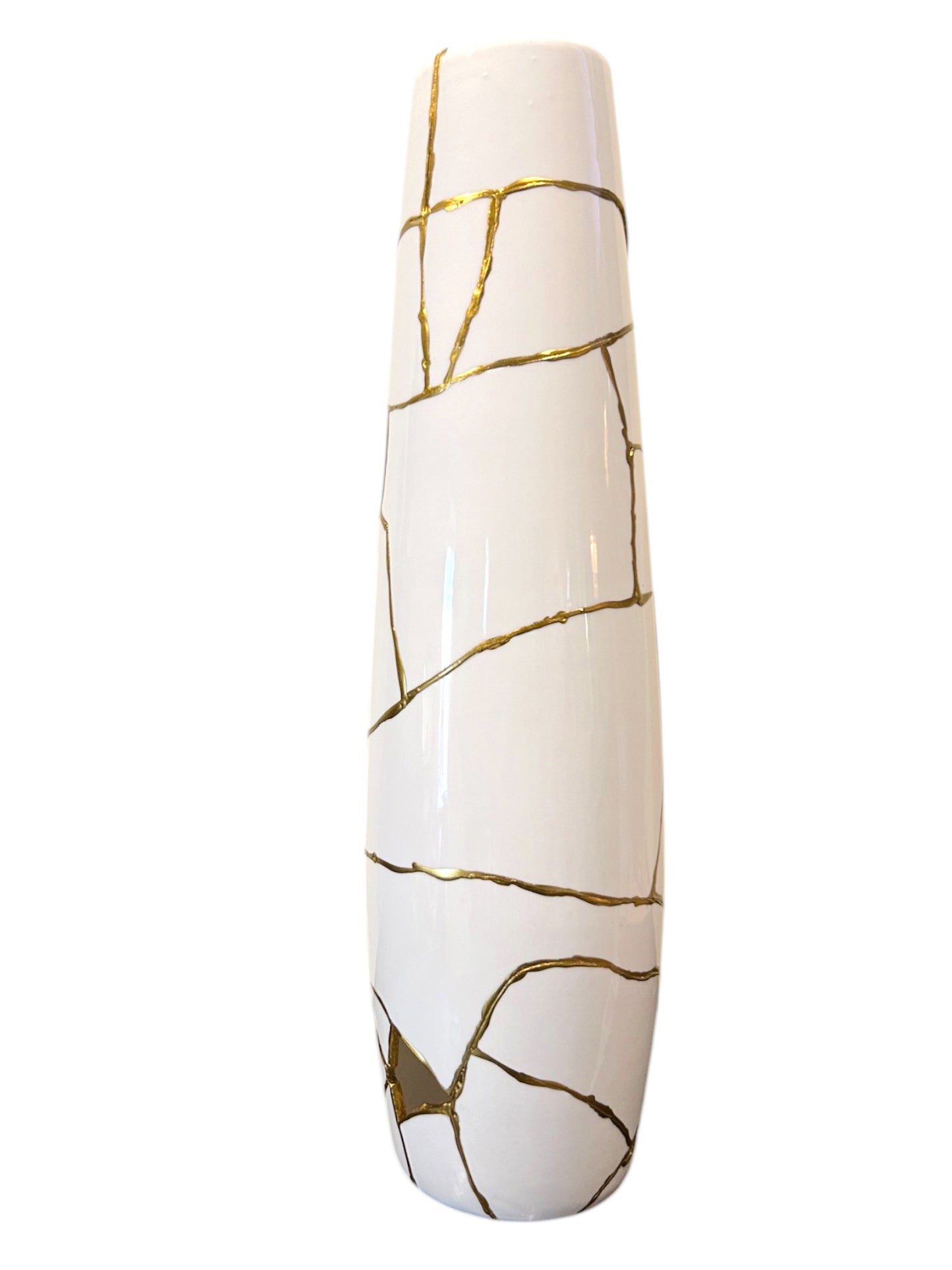 Modern Kintsugi Giraffe Tall Vase - Broken + Repaired Japanese Pottery - Hand Painted Gold - Cylinder/Glossy - Table/Floor - White (H) 18in