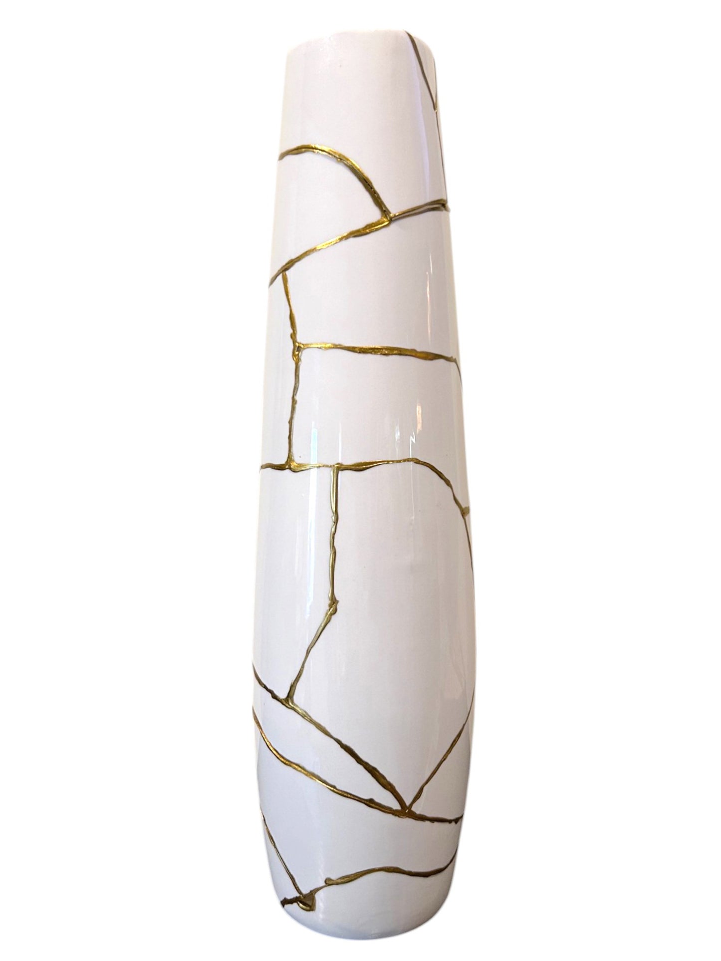 Modern Kintsugi Giraffe Tall Vase - Broken + Repaired Japanese Pottery - Hand Painted Gold - Cylinder/Glossy - Table/Floor - White (H) 18in