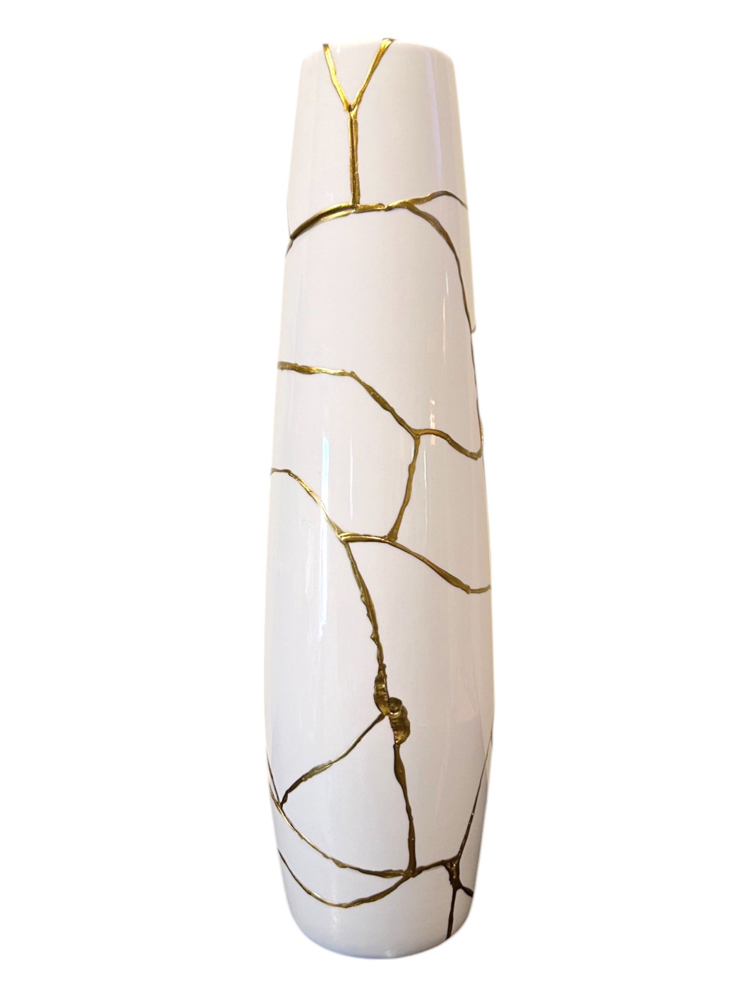 Modern Kintsugi Giraffe Tall Vase - Broken + Repaired Japanese Pottery - Hand Painted Gold - Cylinder/Glossy - Table/Floor - White (H) 18in