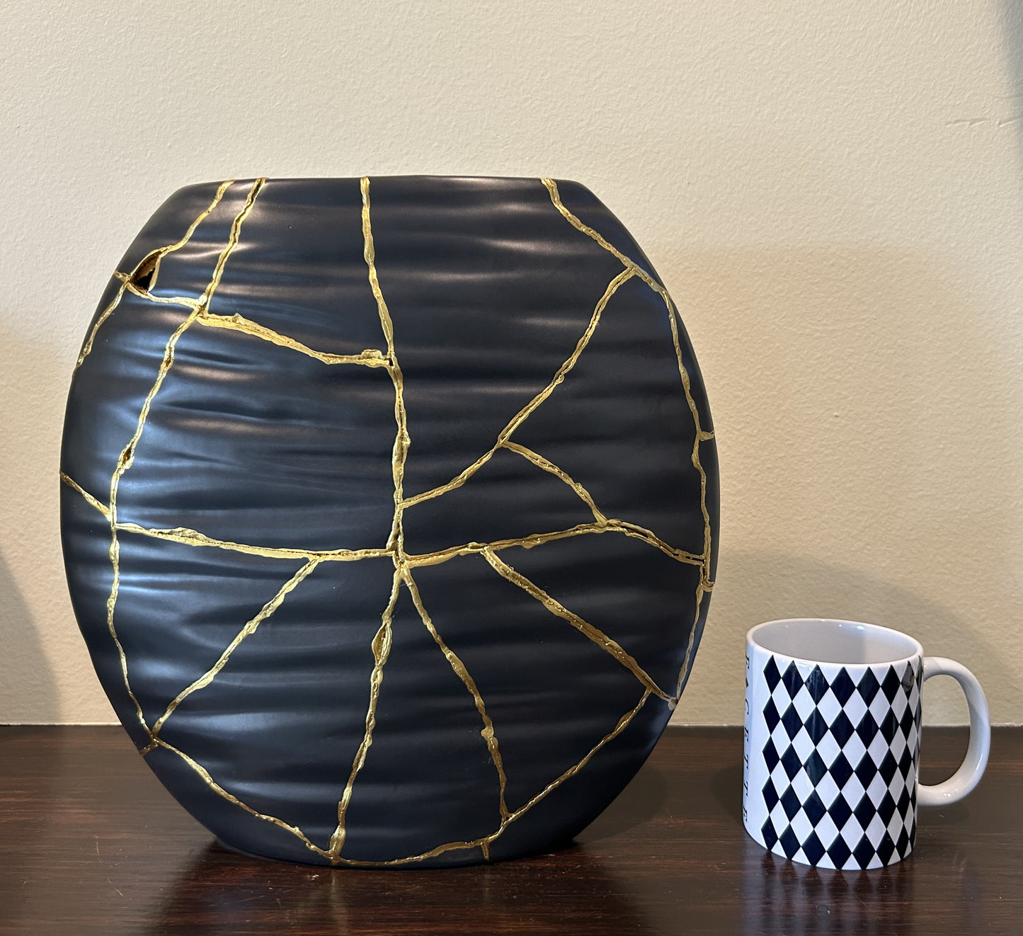 Modern Kintsugi Ripple Vase - Broken + Repaired Japanese Pottery - Hand Painted Gold - Japandi - Distressed - Rough Texture - Black (H) 9in (W) 6.75in