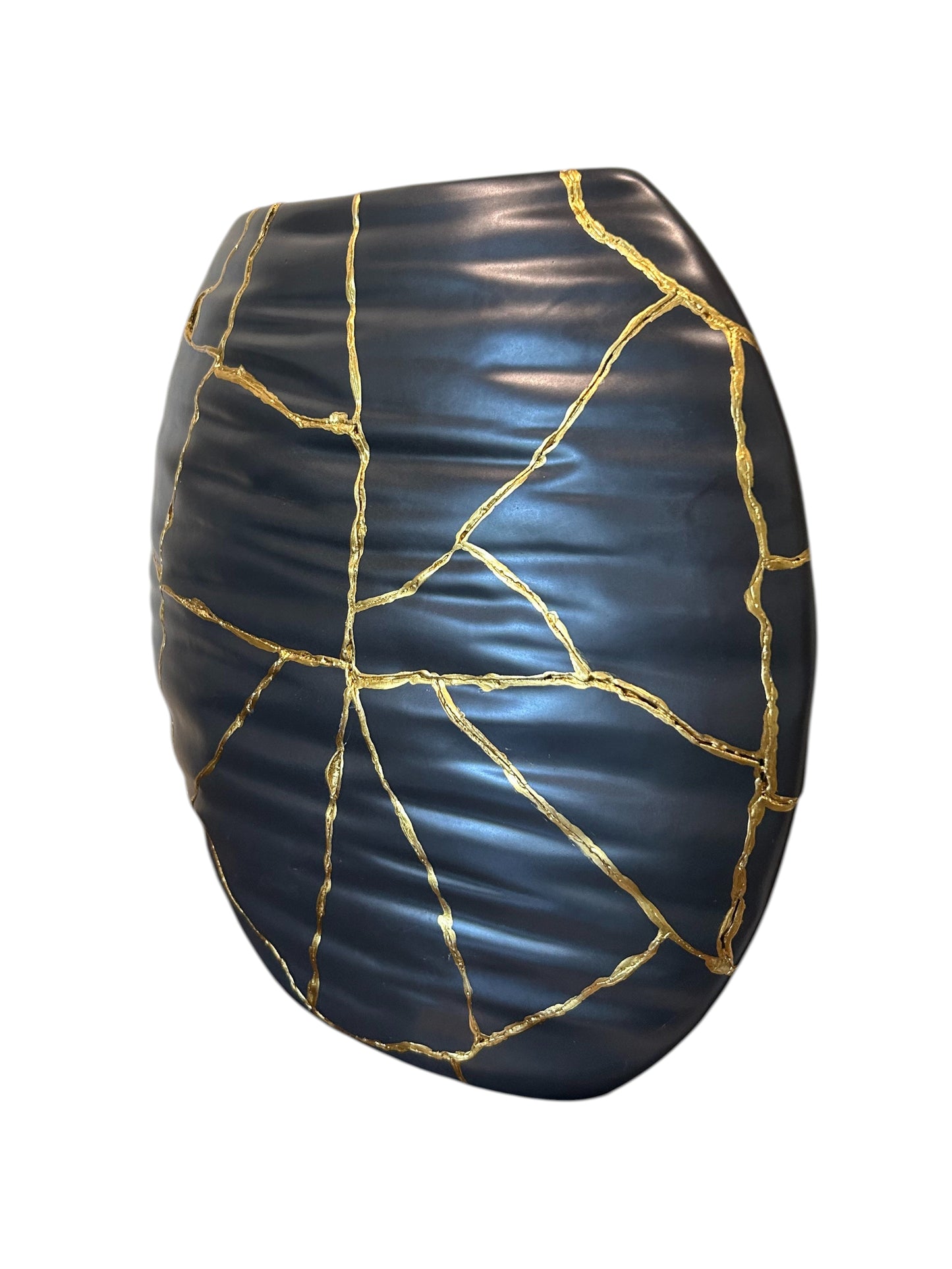 Modern Kintsugi Ripple Vase - Broken + Repaired Japanese Pottery - Hand Painted Gold - Japandi - Distressed - Rough Texture - Black (H) 9in (W) 6.75in
