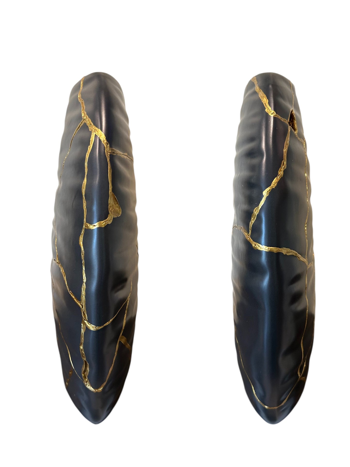Modern Kintsugi Ripple Vase - Broken + Repaired Japanese Pottery - Hand Painted Gold - Japandi - Distressed - Rough Texture - Black (H) 9in (W) 6.75in