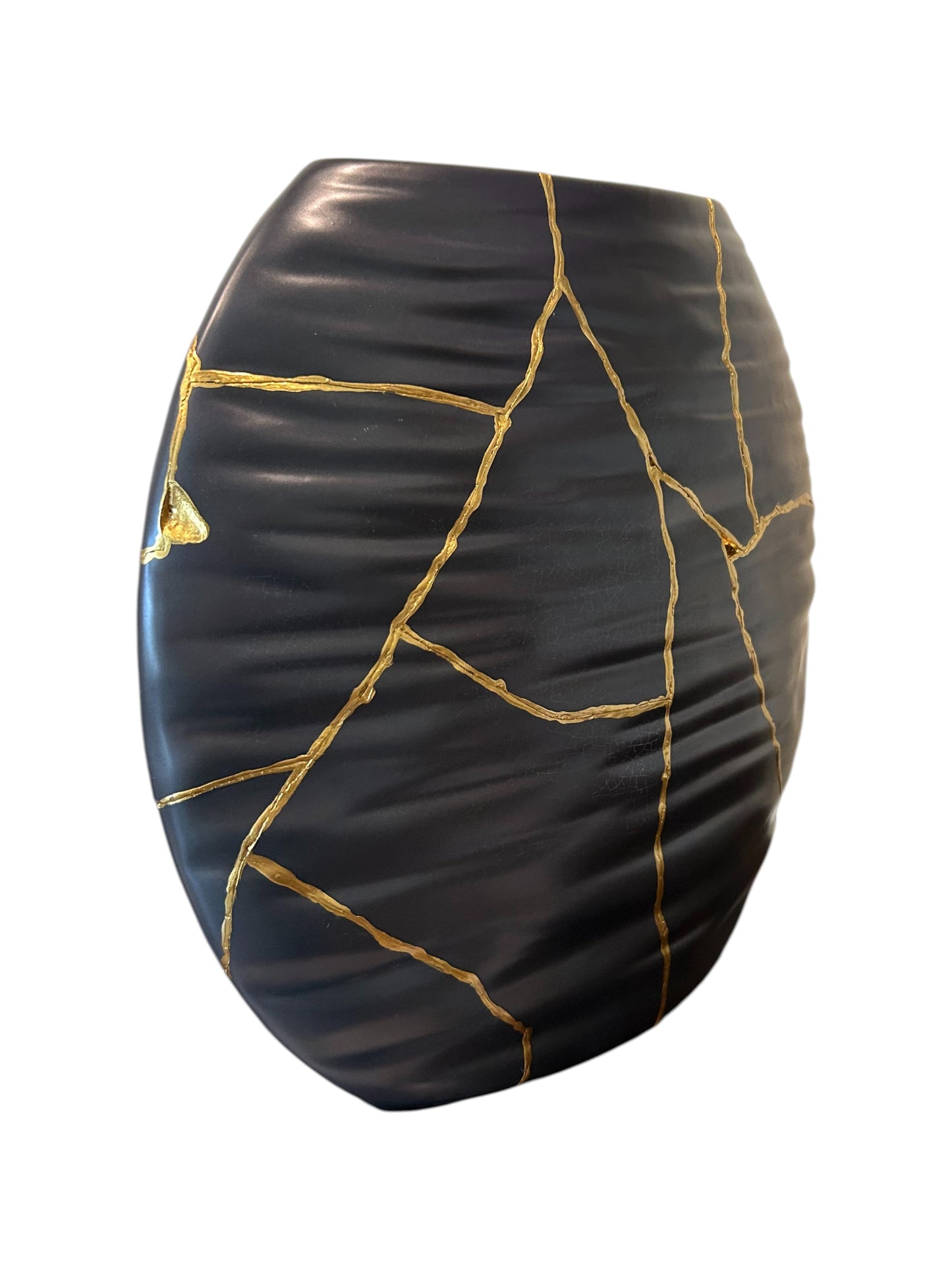 Modern Kintsugi Ripple Vase - Broken + Repaired Japanese Pottery - Hand Painted Gold - Japandi - Distressed - Rough Texture - Black (H) 9in (W) 6.75in