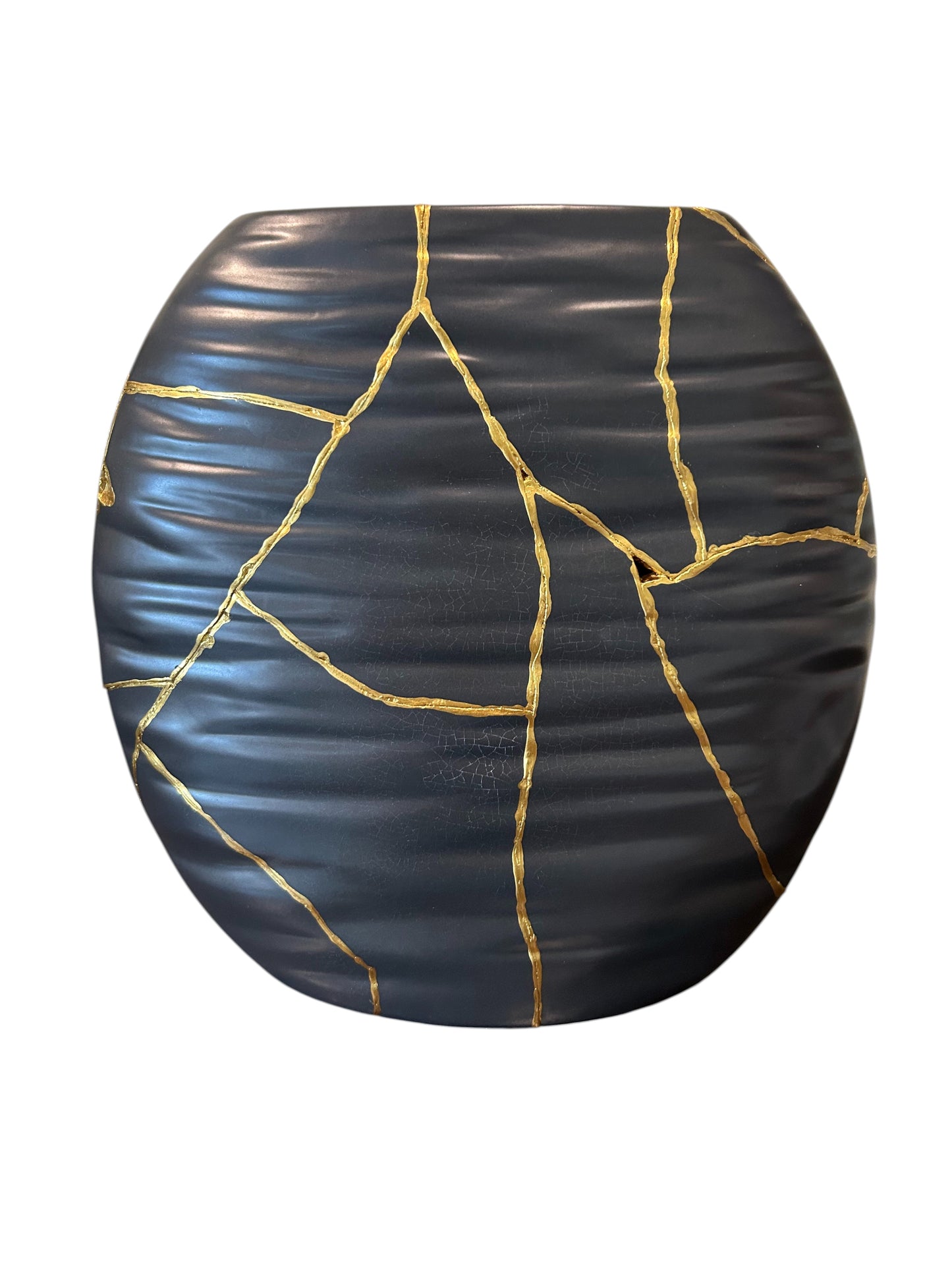 Modern Kintsugi Ripple Vase - Broken + Repaired Japanese Pottery - Hand Painted Gold - Japandi - Distressed - Rough Texture - Black (H) 9in (W) 6.75in