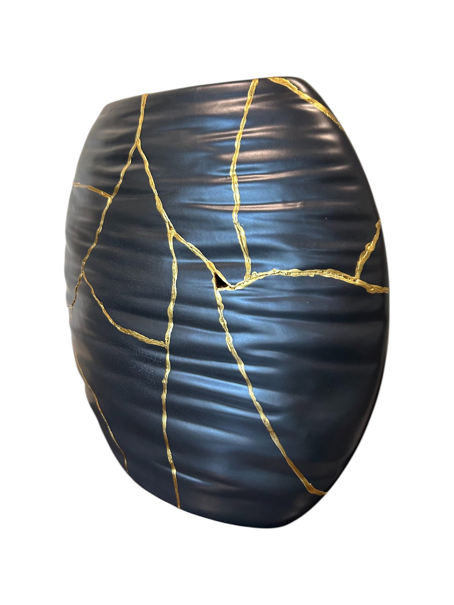 Modern Kintsugi Ripple Vase - Broken + Repaired Japanese Pottery - Hand Painted Gold - Japandi - Distressed - Rough Texture - Black (H) 9in (W) 6.75in