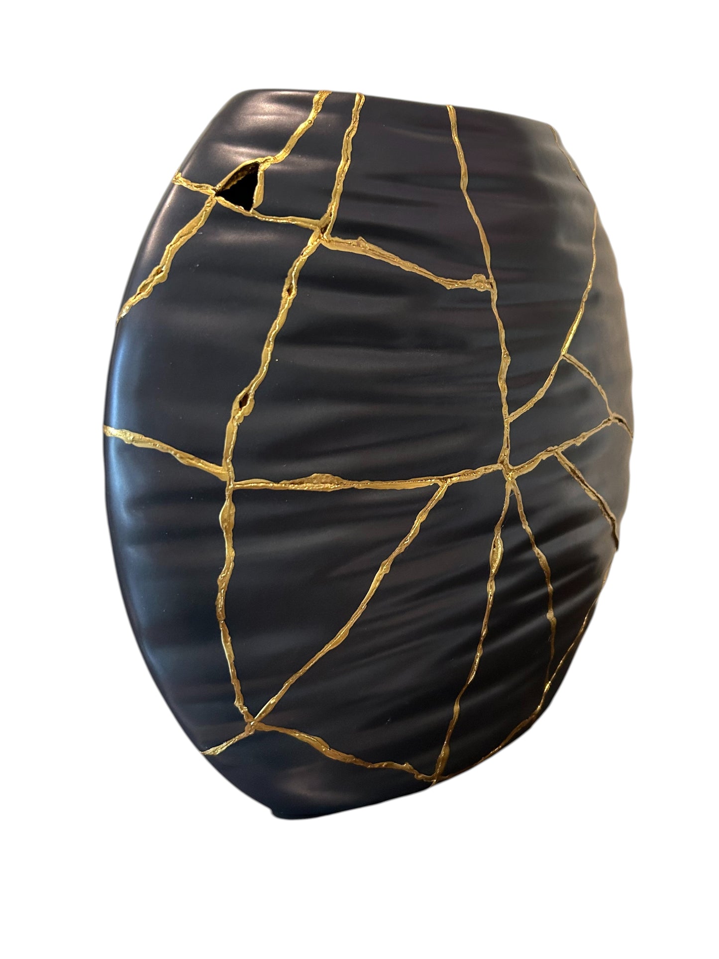 Modern Kintsugi Ripple Vase - Broken + Repaired Japanese Pottery - Hand Painted Gold - Japandi - Distressed - Rough Texture - Black (H) 9in (W) 6.75in