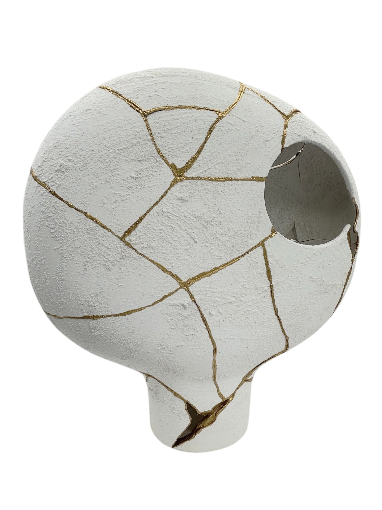 Modern Kintsugi Alien Vase - Broken + Repaired Japanese Pottery - Hand Painted Gold - Japandi - Rough Texture - White (H) 15.5in (W) 16in