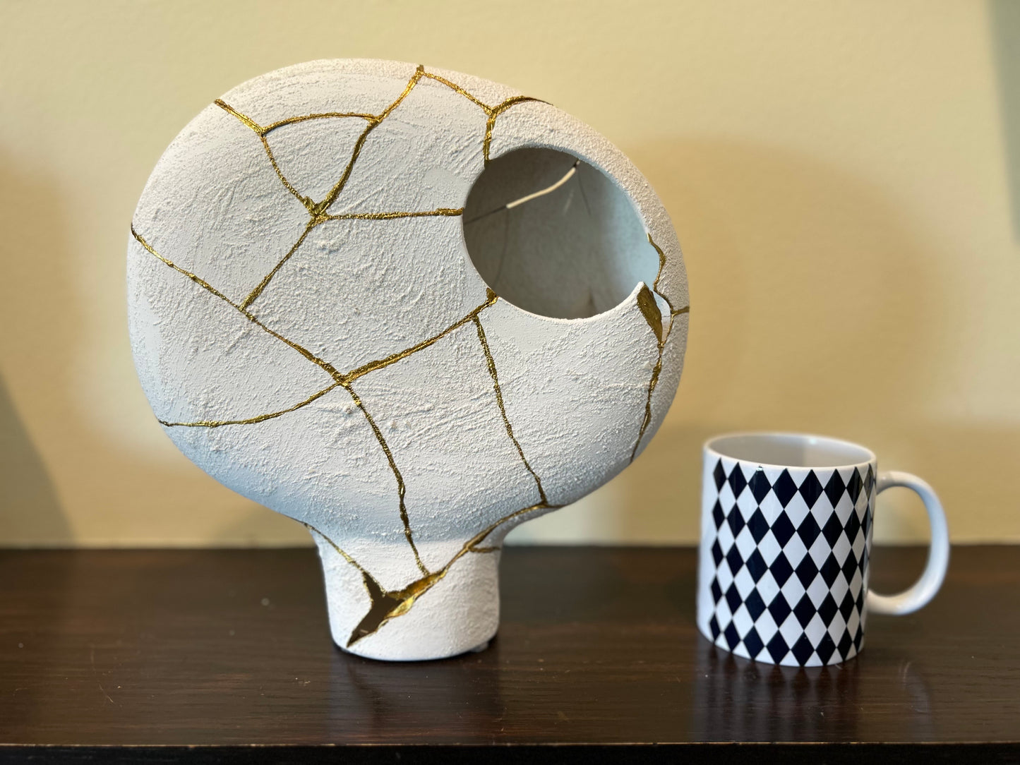 Modern Kintsugi Alien Vase - Broken + Repaired Japanese Pottery - Hand Painted Gold - Japandi - Rough Texture - White (H) 15.5in (W) 16in