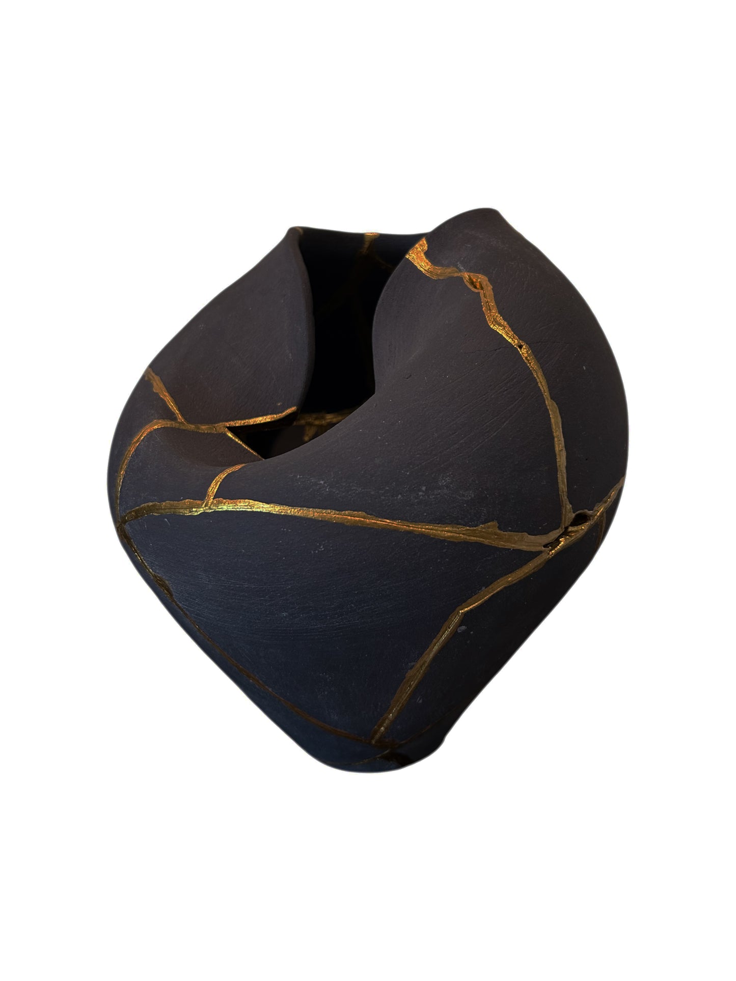 Modern Kintsugi Rau Vase - Broken + Repaired Japanese Pottery - Hand Painted Gold - Japandi - Distressed - Rough Texture - Charcoal (Dark Gray) (H) 9in (W) 6.75in