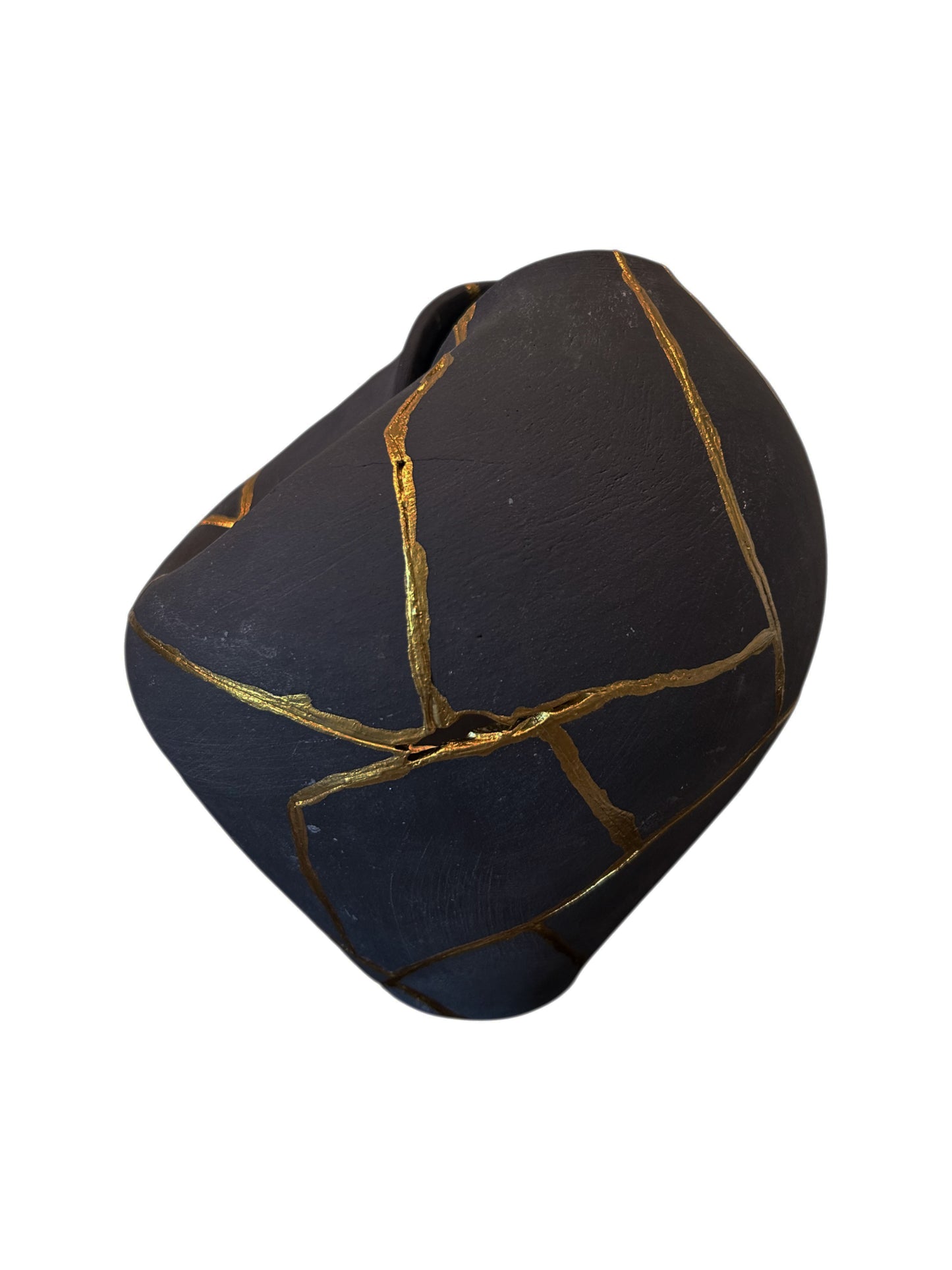 Modern Kintsugi Rau Vase - Broken + Repaired Japanese Pottery - Hand Painted Gold - Japandi - Distressed - Rough Texture - Charcoal (Dark Gray) (H) 9in (W) 6.75in