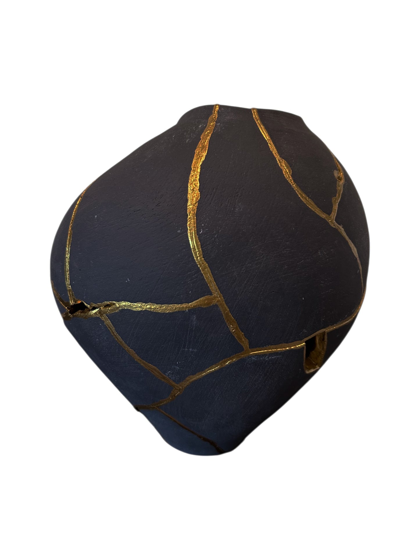 Modern Kintsugi Rau Vase - Broken + Repaired Japanese Pottery - Hand Painted Gold - Japandi - Distressed - Rough Texture - Charcoal (Dark Gray) (H) 9in (W) 6.75in