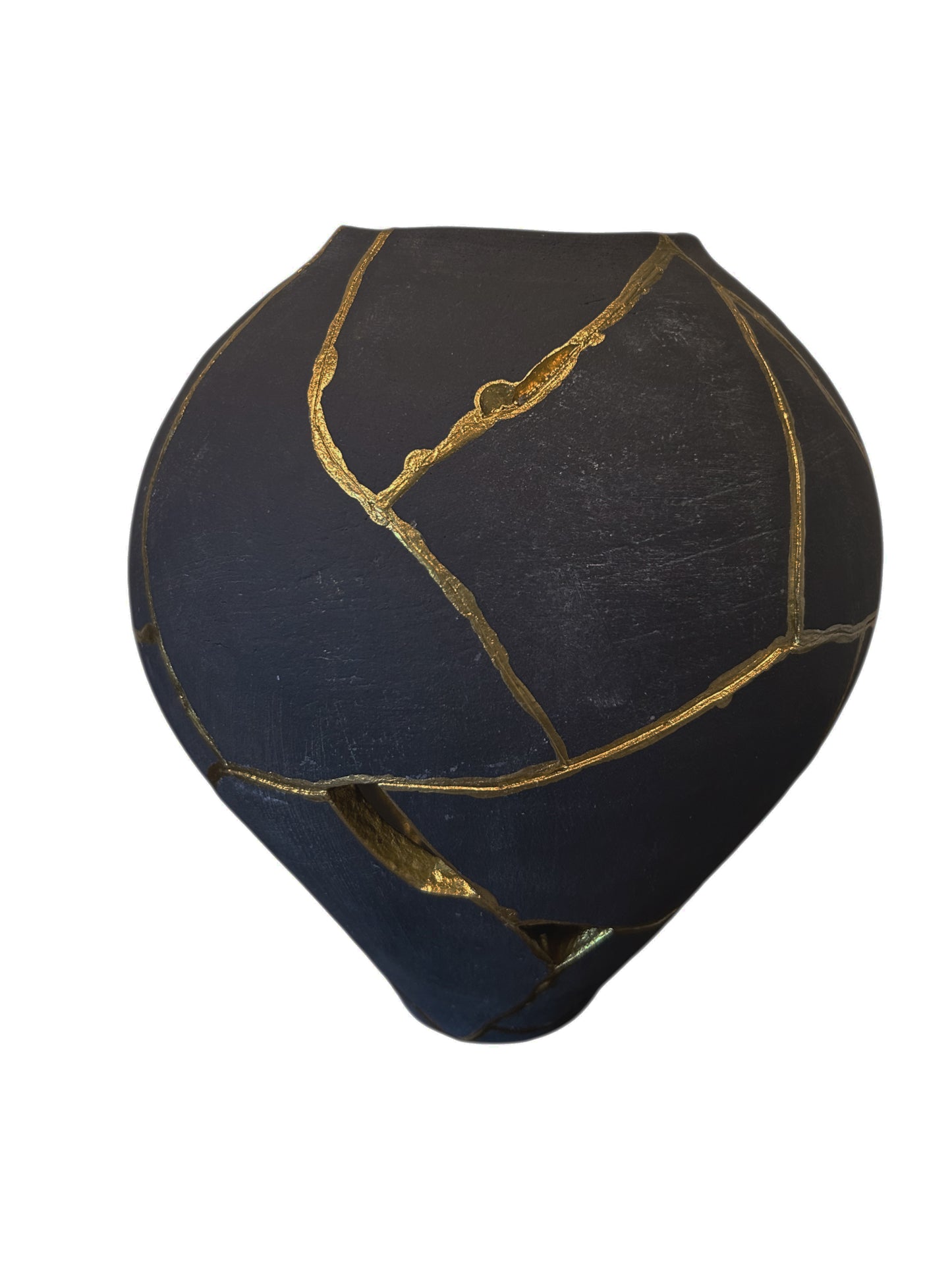 Modern Kintsugi Rau Vase - Broken + Repaired Japanese Pottery - Hand Painted Gold - Japandi - Distressed - Rough Texture - Charcoal (Dark Gray) (H) 9in (W) 6.75in
