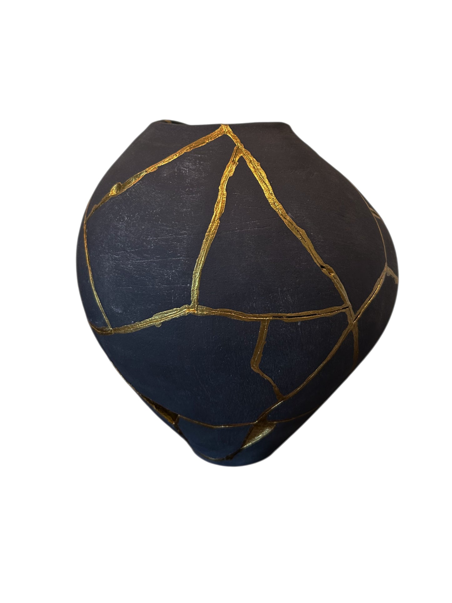 Modern Kintsugi Rau Vase - Broken + Repaired Japanese Pottery - Hand Painted Gold - Japandi - Distressed - Rough Texture - Charcoal (Dark Gray) (H) 9in (W) 6.75in