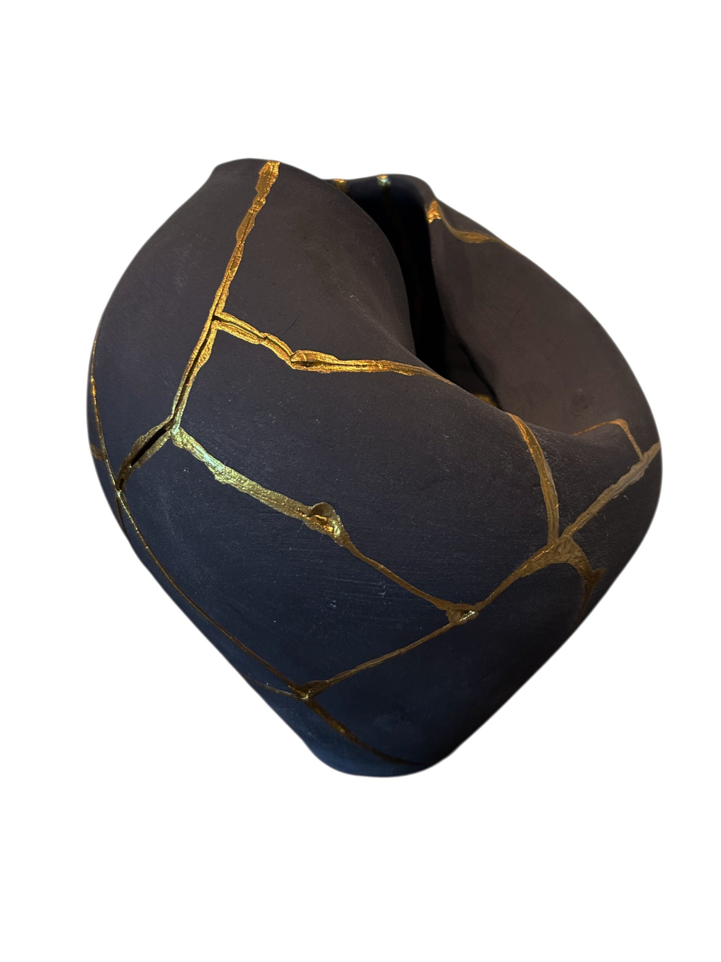 Modern Kintsugi Rau Vase - Broken + Repaired Japanese Pottery - Hand Painted Gold - Japandi - Distressed - Rough Texture - Charcoal (Dark Gray) (H) 9in (W) 6.75in
