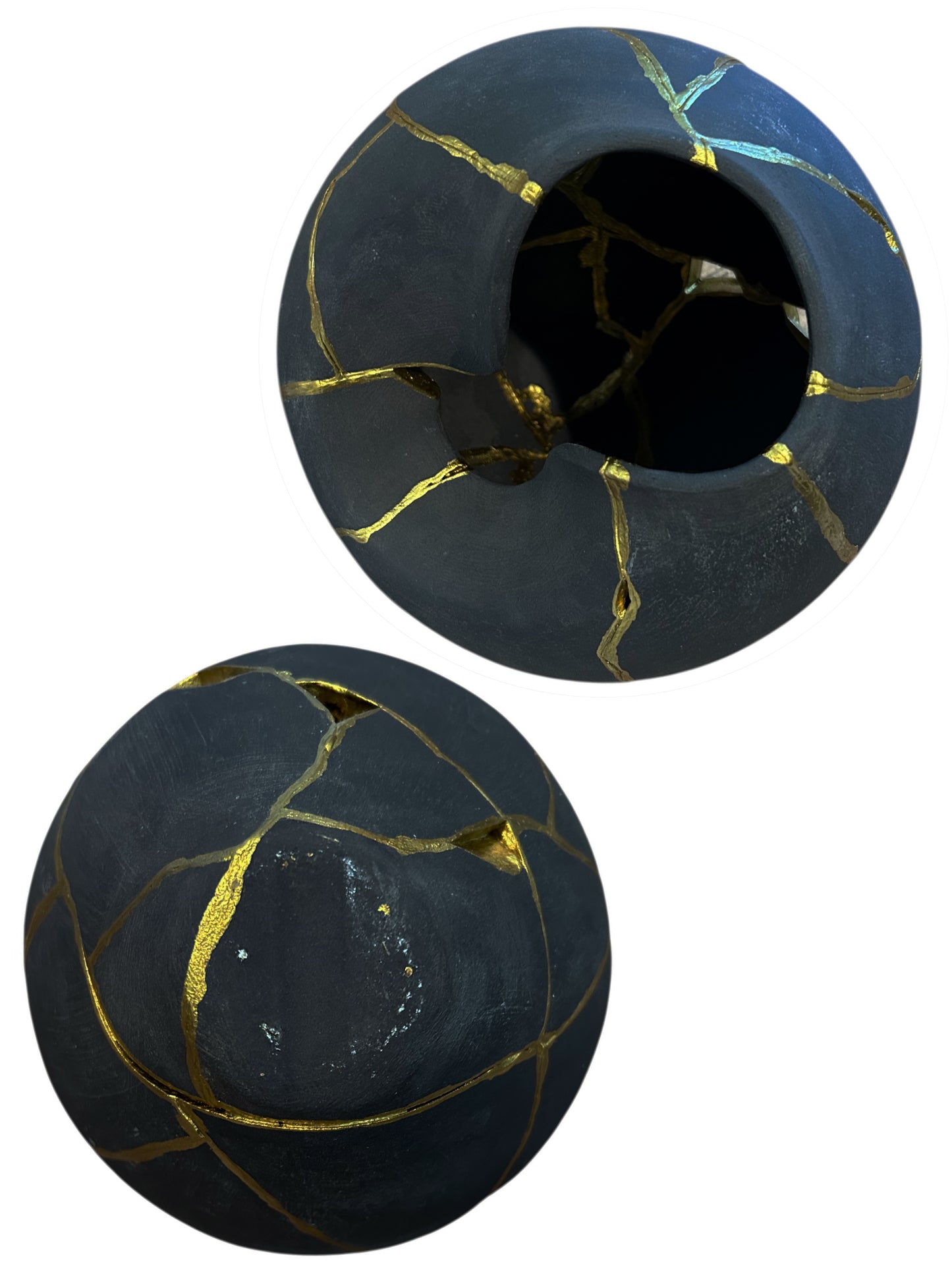 Modern Kintsugi Rau Vase - Broken + Repaired Japanese Pottery - Hand Painted Gold - Japandi - Distressed - Rough Texture - Charcoal (Dark Gray) (H) 9in (W) 6.75in