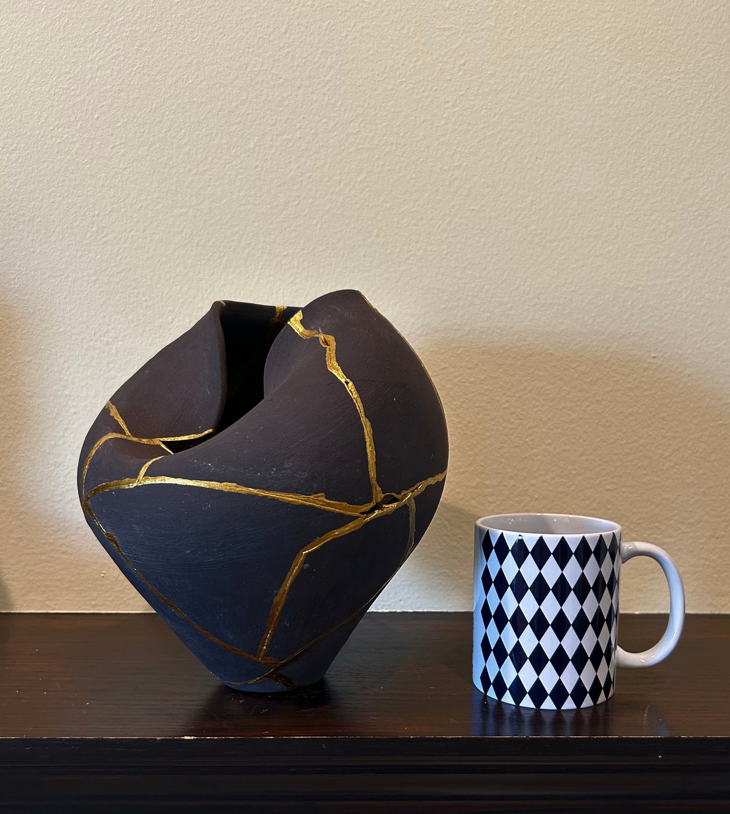 Modern Kintsugi Rau Vase - Broken + Repaired Japanese Pottery - Hand Painted Gold - Japandi - Distressed - Rough Texture - Charcoal (Dark Gray) (H) 9in (W) 6.75in