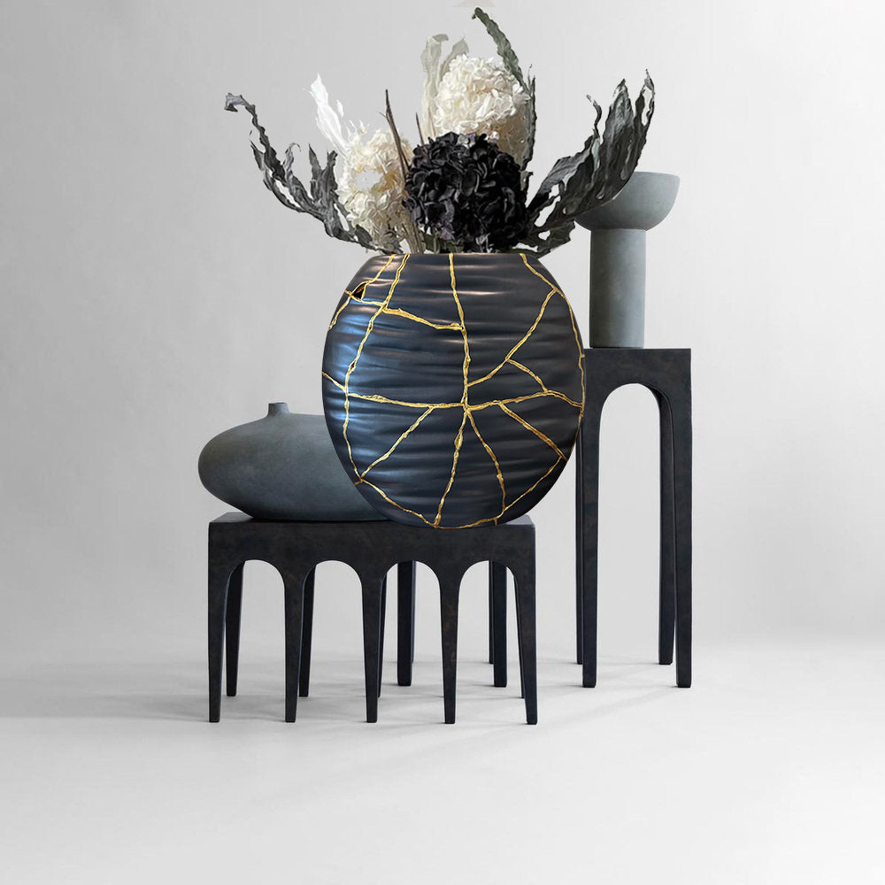 Modern Kintsugi Ripple Vase - Broken + Repaired Japanese Pottery - Hand Painted Gold - Japandi - Distressed - Rough Texture - Black (H) 9in (W) 6.75in