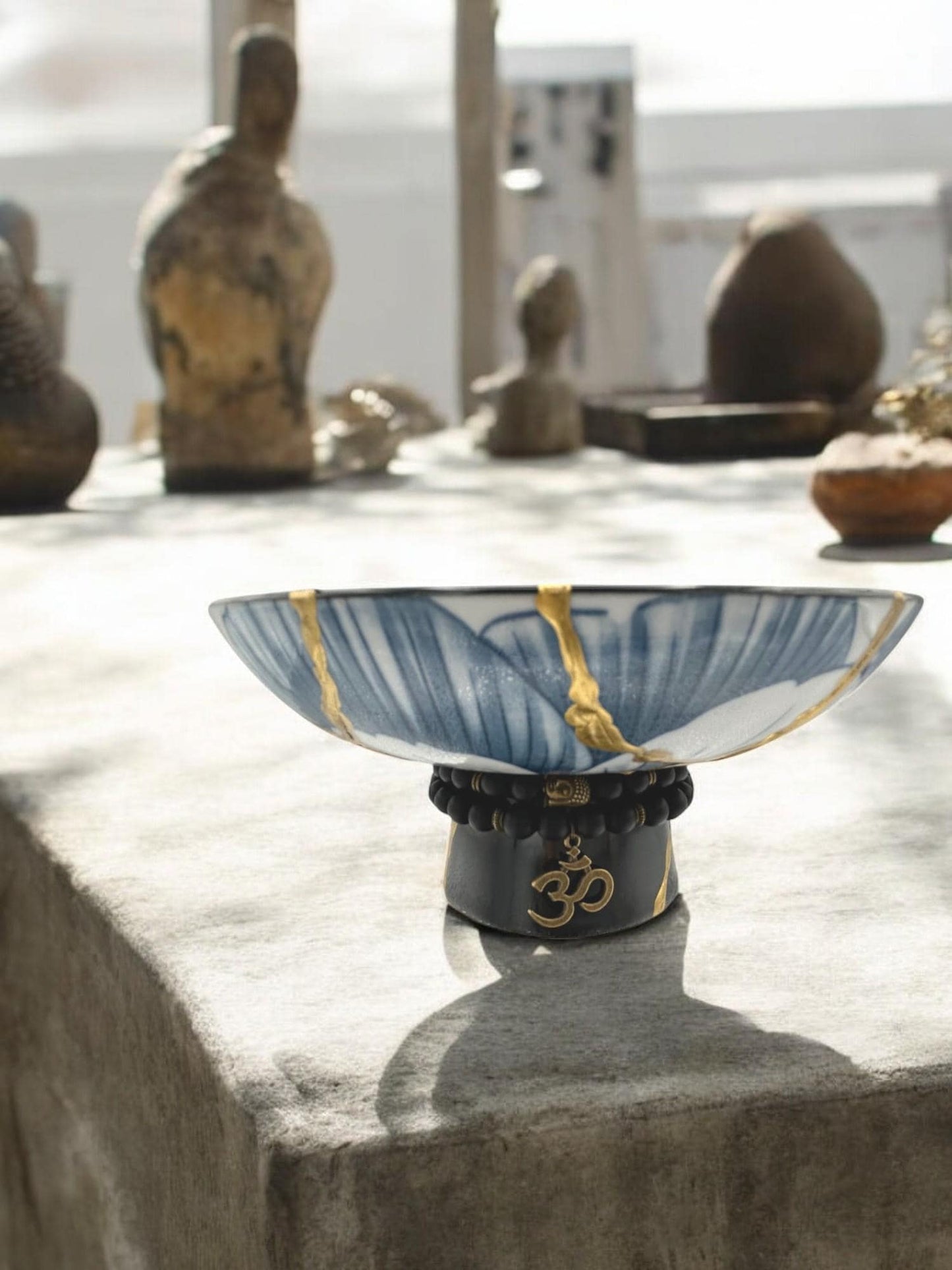 buy online luxury, handmade, one of a kind, modern kintsugi japanese pottery art gift small pedestal bowl with Om charm accent on base and gold paint over break lines for sale