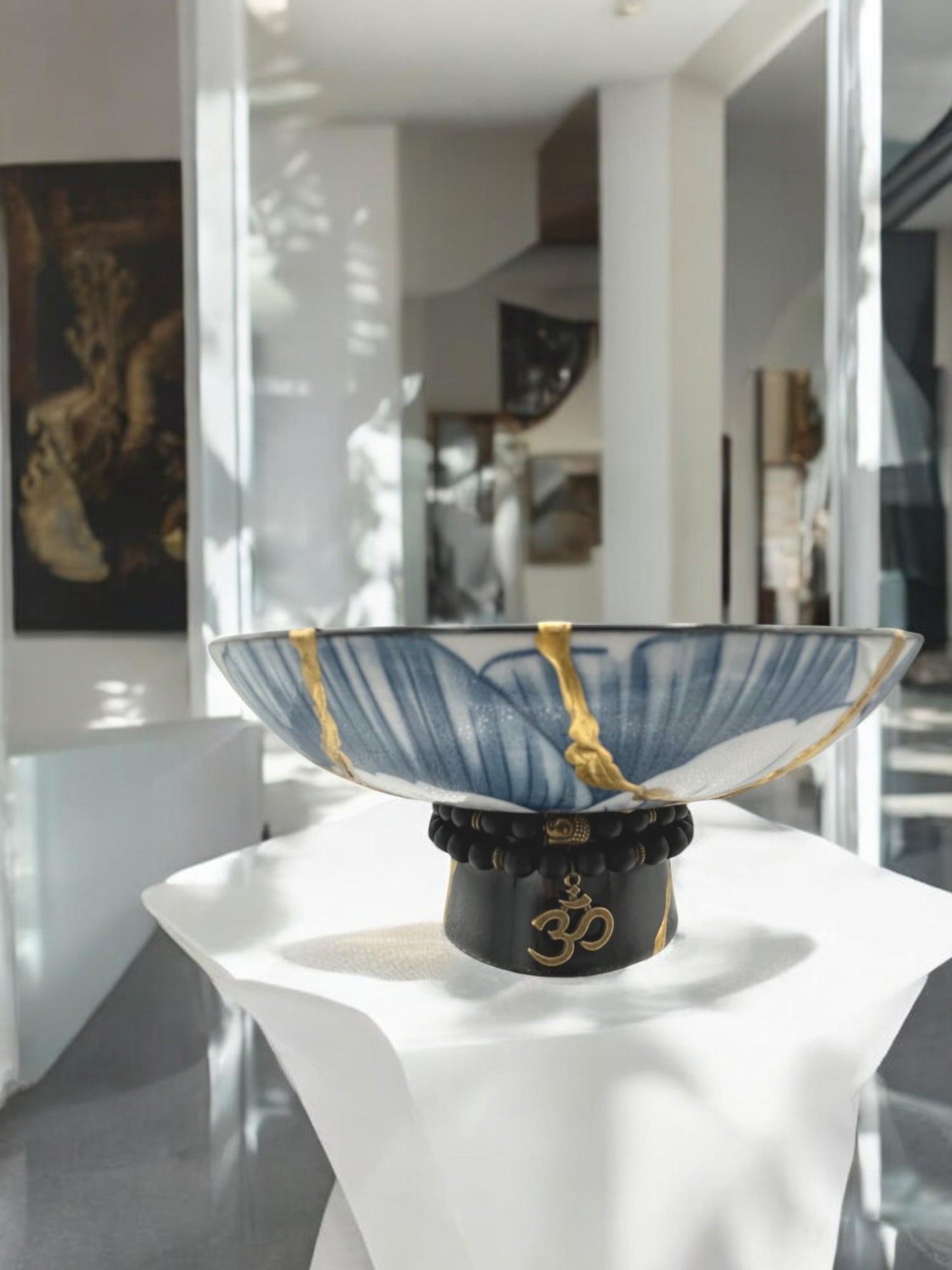 buy online luxury, handmade, one of a kind, modern kintsugi japanese pottery art gift small pedestal bowl with Om charm accent on base and gold paint over break lines for sale