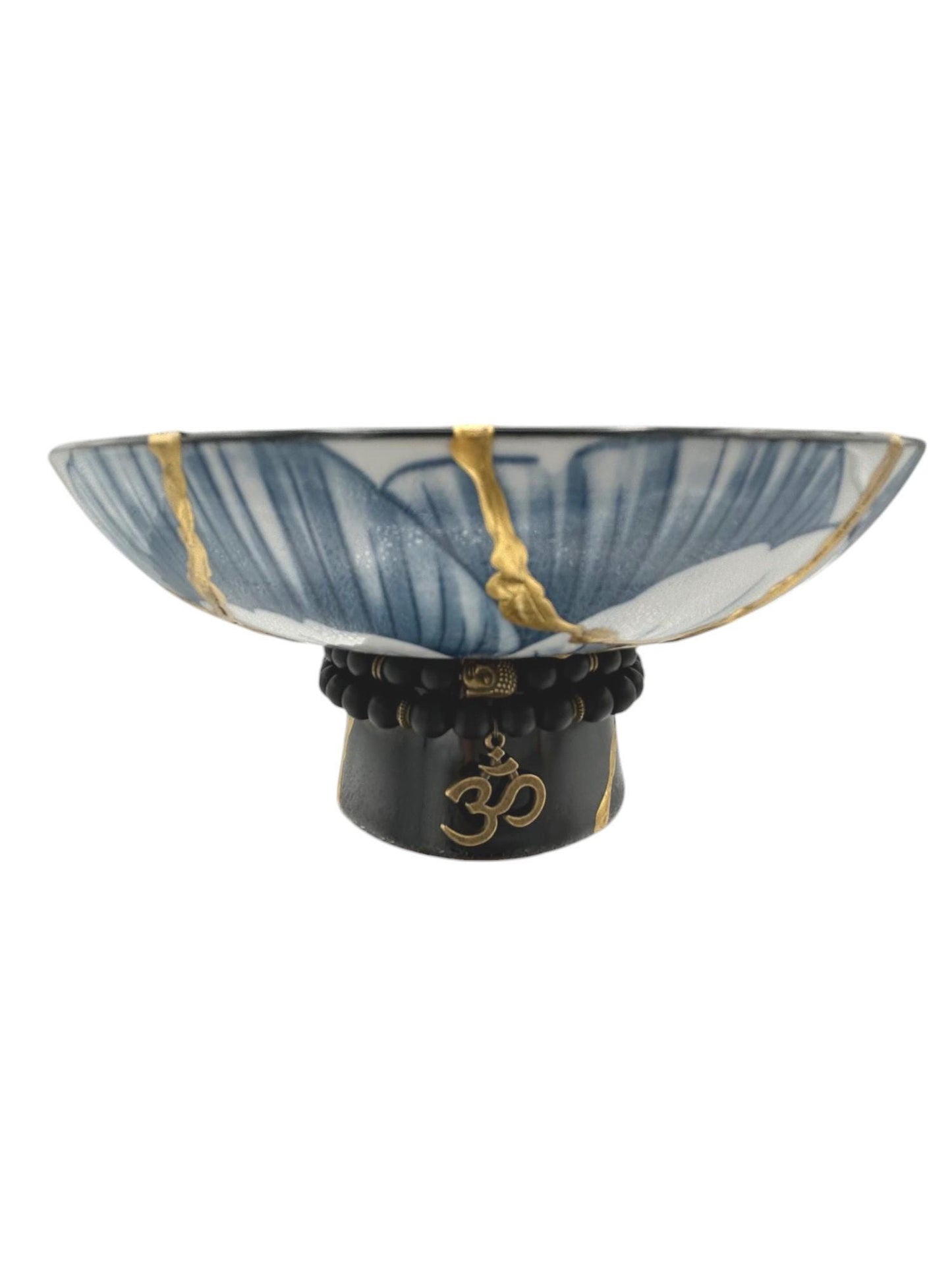 buy online luxury, handmade, one of a kind, modern kintsugi japanese pottery art gift small pedestal bowl with Om charm accent on base and gold paint over break lines for sale