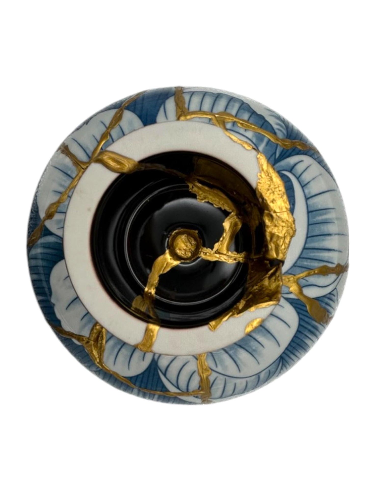 buy online luxury, handmade, one of a kind, modern kintsugi japanese pottery art gift small pedestal bowl with Om charm accent on base and gold paint over break lines for sale