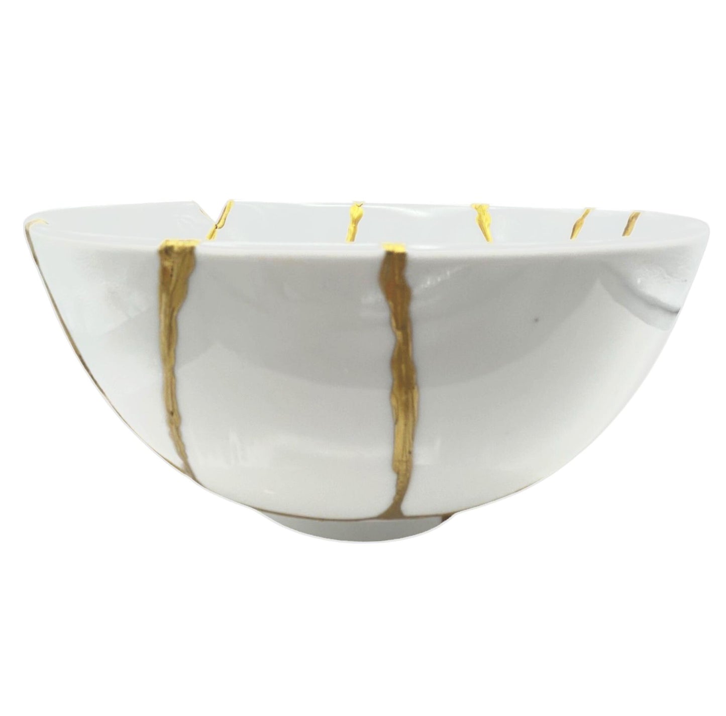 Kintsugi Rice Bowl - Gift Presentation Box - Japanese Pottery Broken + Repaired - Hand Painted Gold - White Glazed Porcelain - (D) 7in