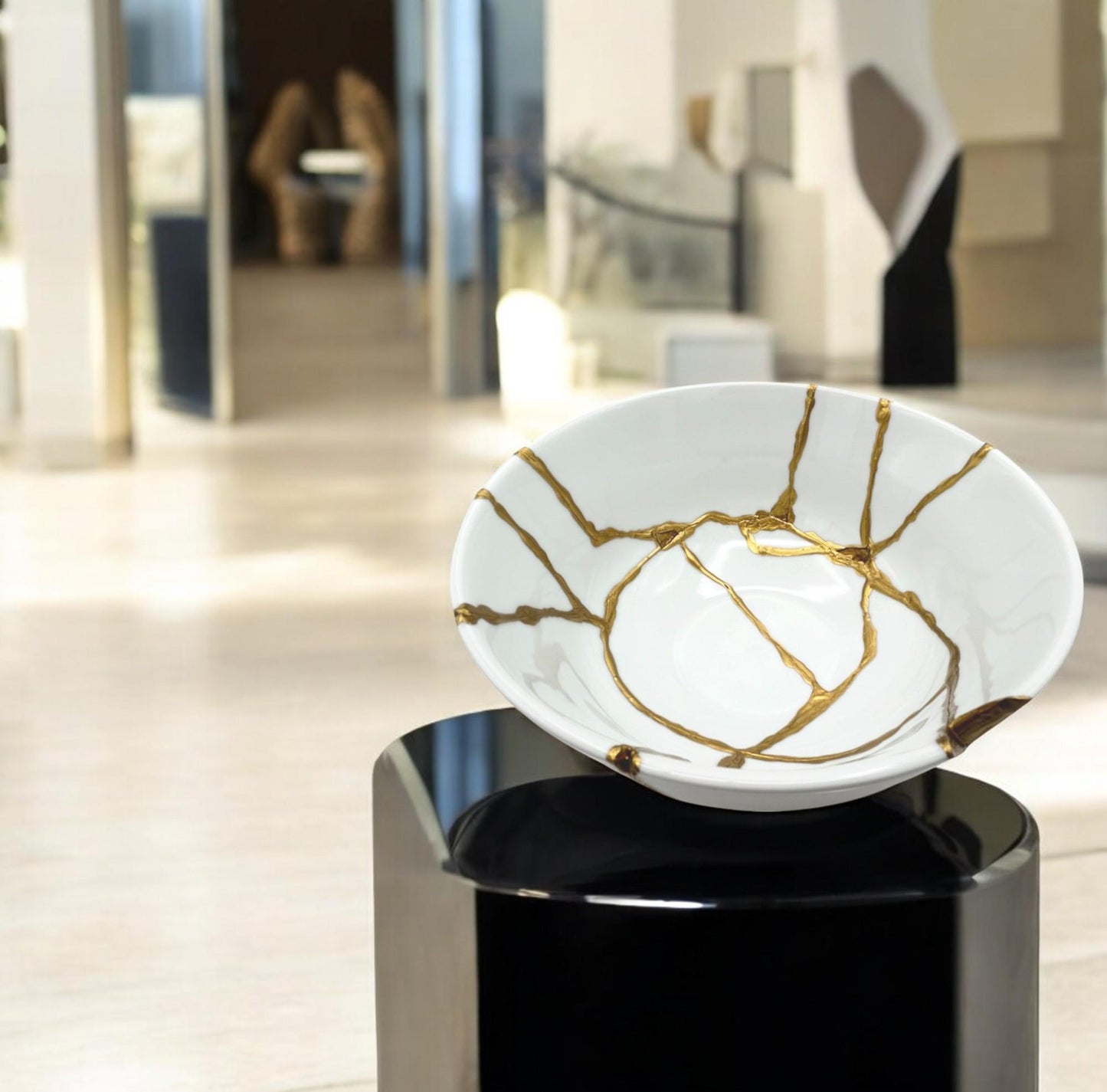 Kintsugi Rice Bowl - Gift Presentation Box - Japanese Pottery Broken + Repaired - Hand Painted Gold - White Glazed Porcelain - (D) 7in