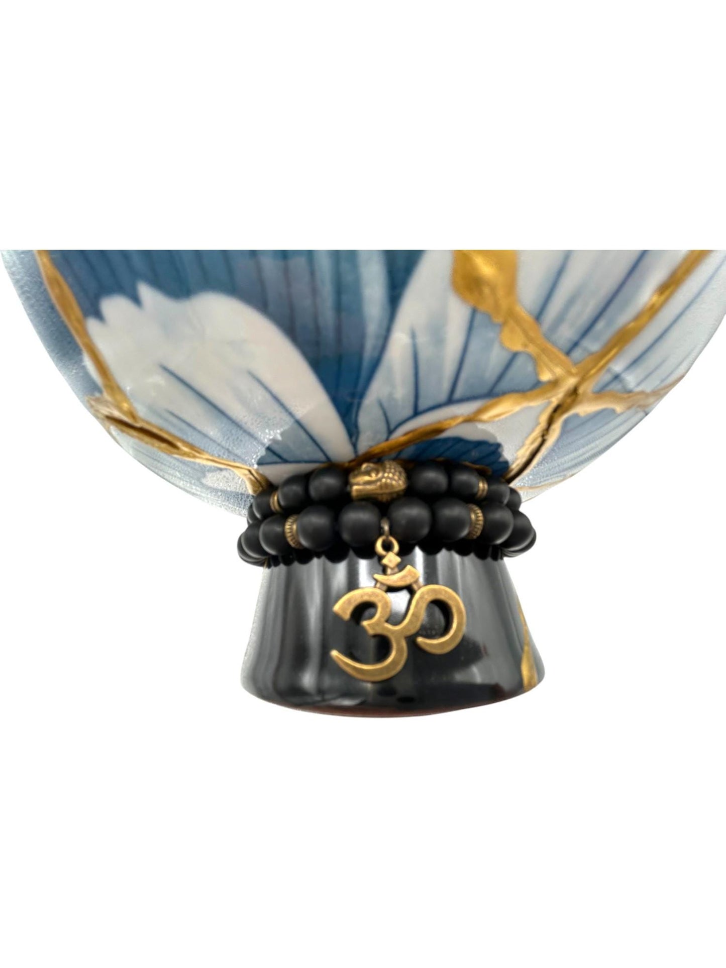 buy online luxury, handmade, one of a kind, modern kintsugi japanese pottery art gift small pedestal bowl with Om charm accent on base and gold paint over break lines for sale