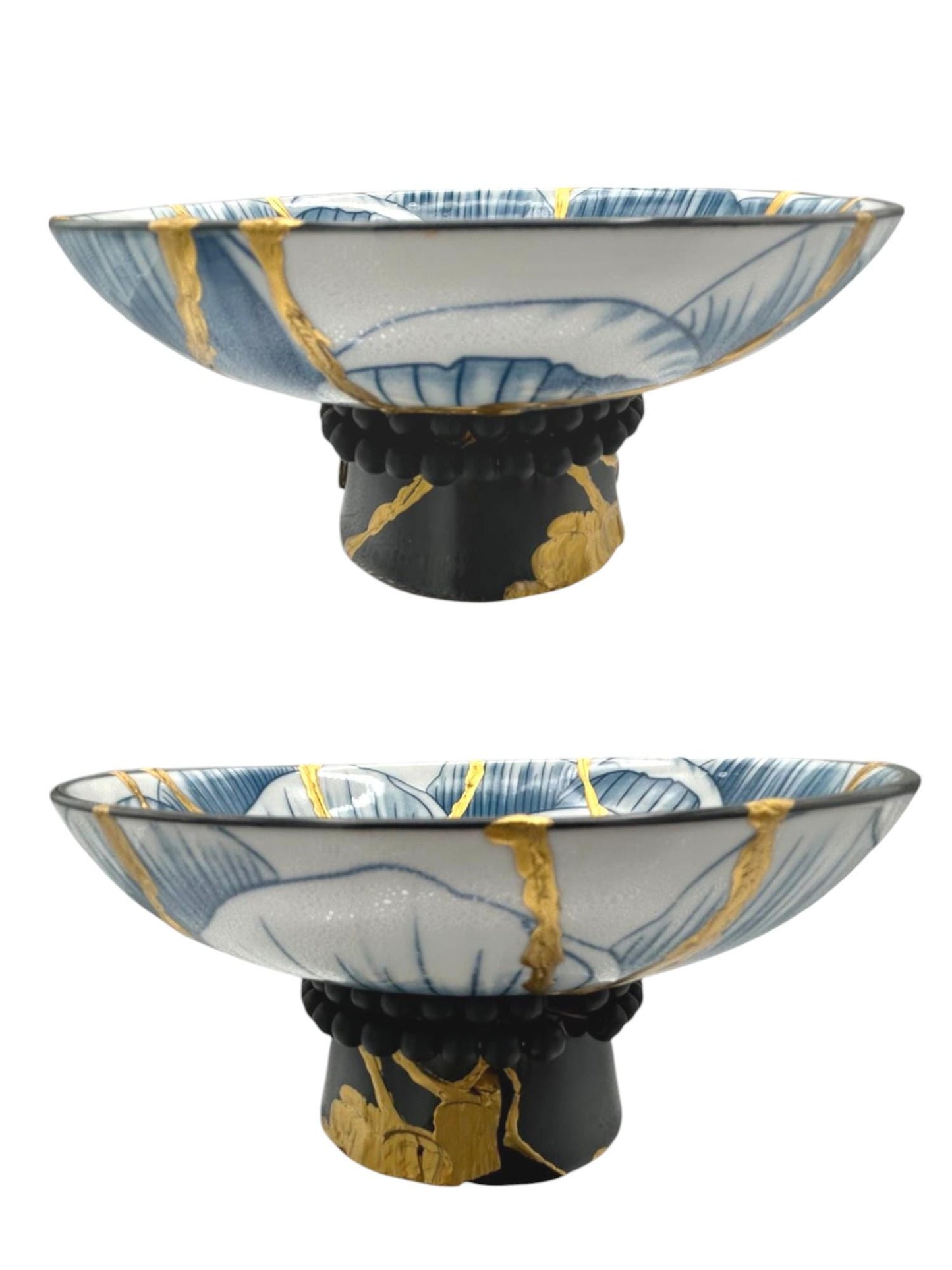 buy online luxury, handmade, one of a kind, modern kintsugi japanese pottery art gift small pedestal bowl with Om charm accent on base and gold paint over break lines for sale