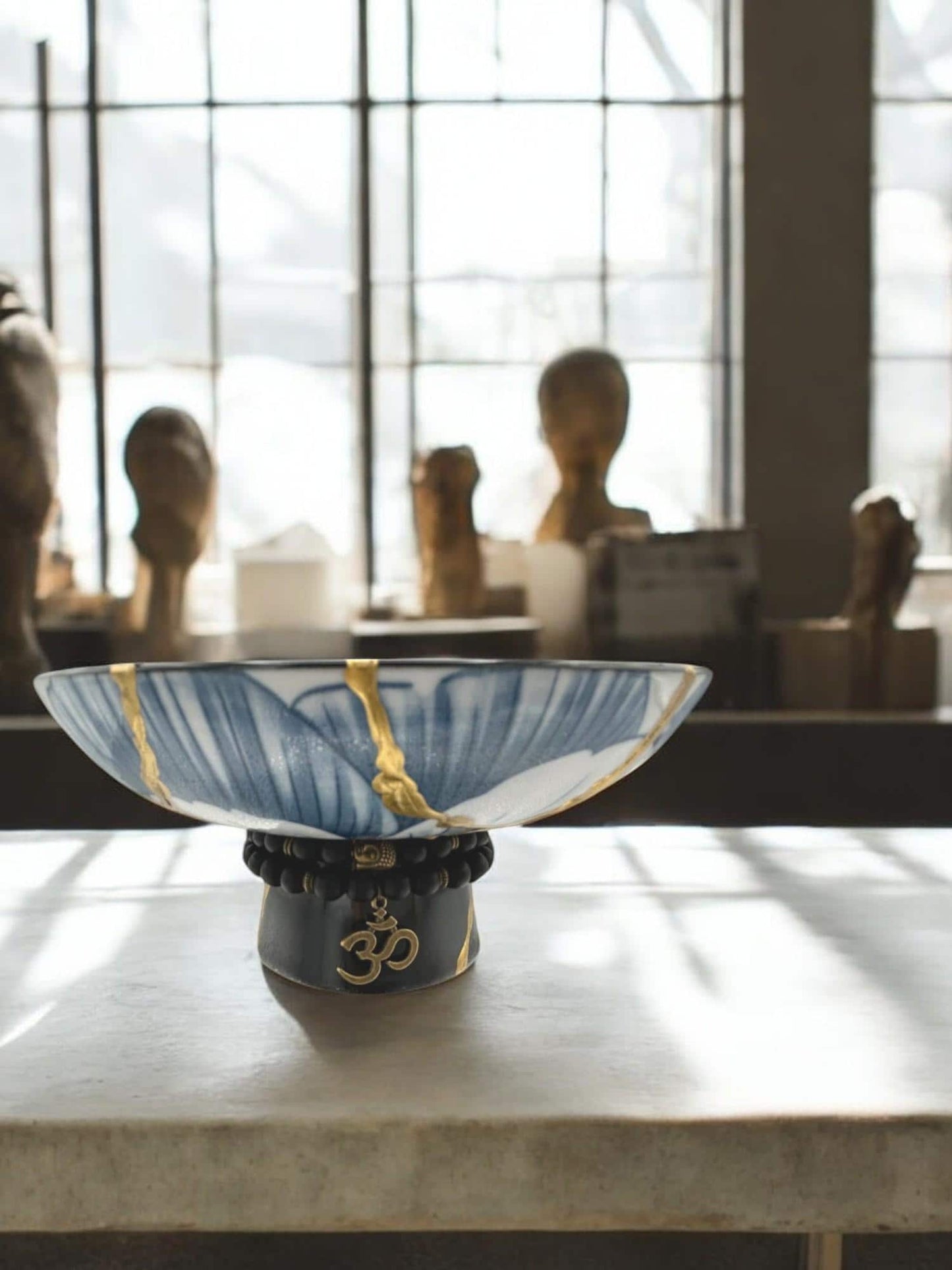 buy online luxury, handmade, one of a kind, modern kintsugi japanese pottery art gift small pedestal bowl with Om charm accent on base and gold paint over break lines for sale