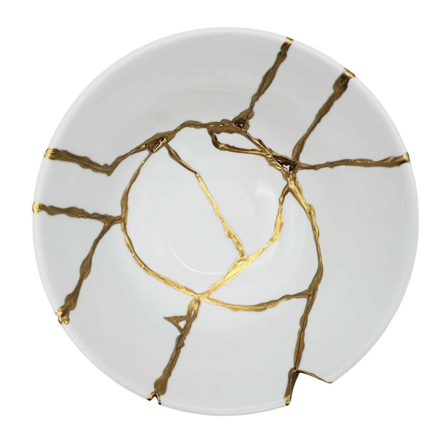 Kintsugi Rice Bowl - Gift Presentation Box - Japanese Pottery Broken + Repaired - Hand Painted Gold - White Glazed Porcelain - (D) 7in