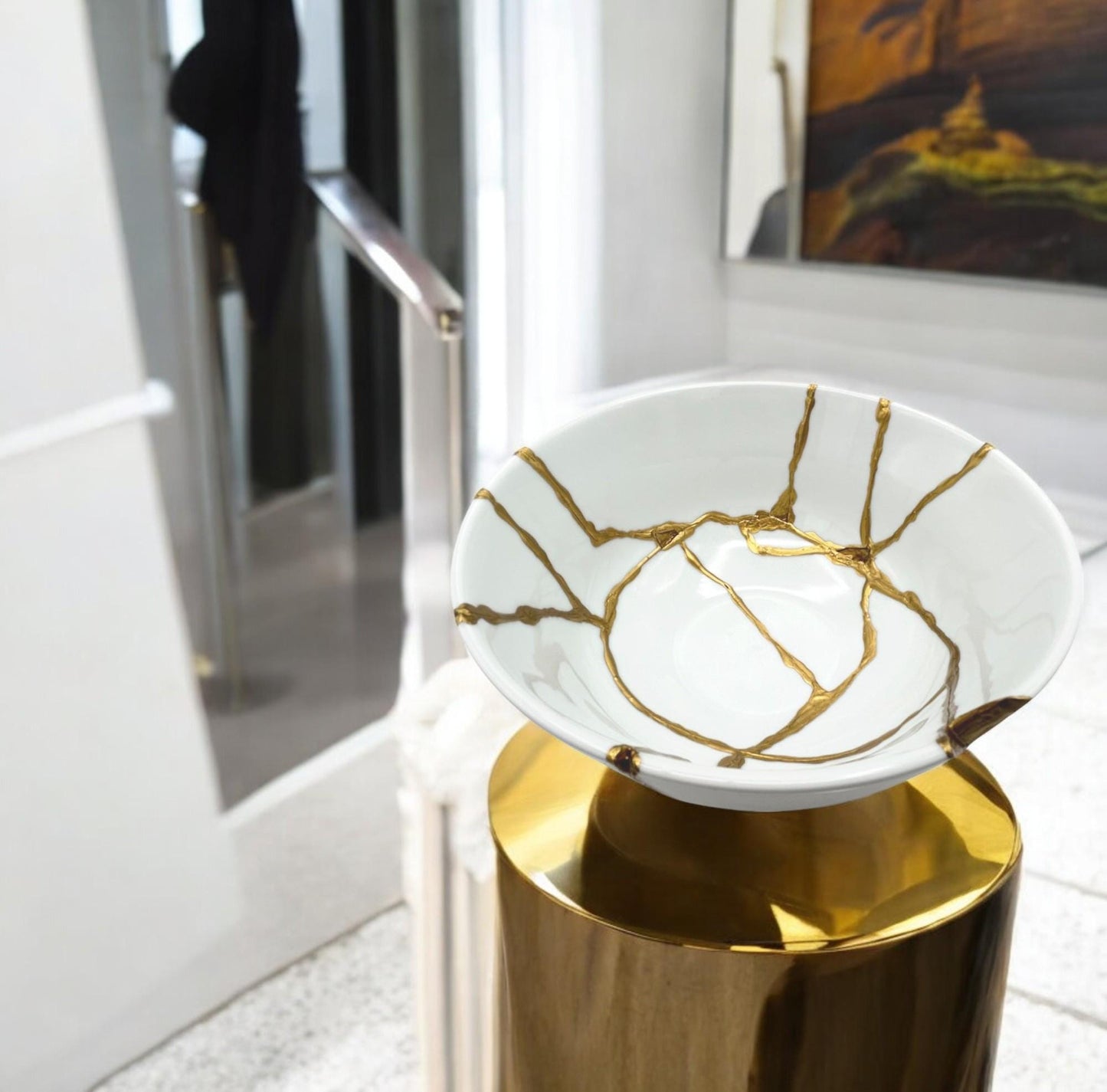 Kintsugi Rice Bowl - Gift Presentation Box - Japanese Pottery Broken + Repaired - Hand Painted Gold - White Glazed Porcelain - (D) 7in