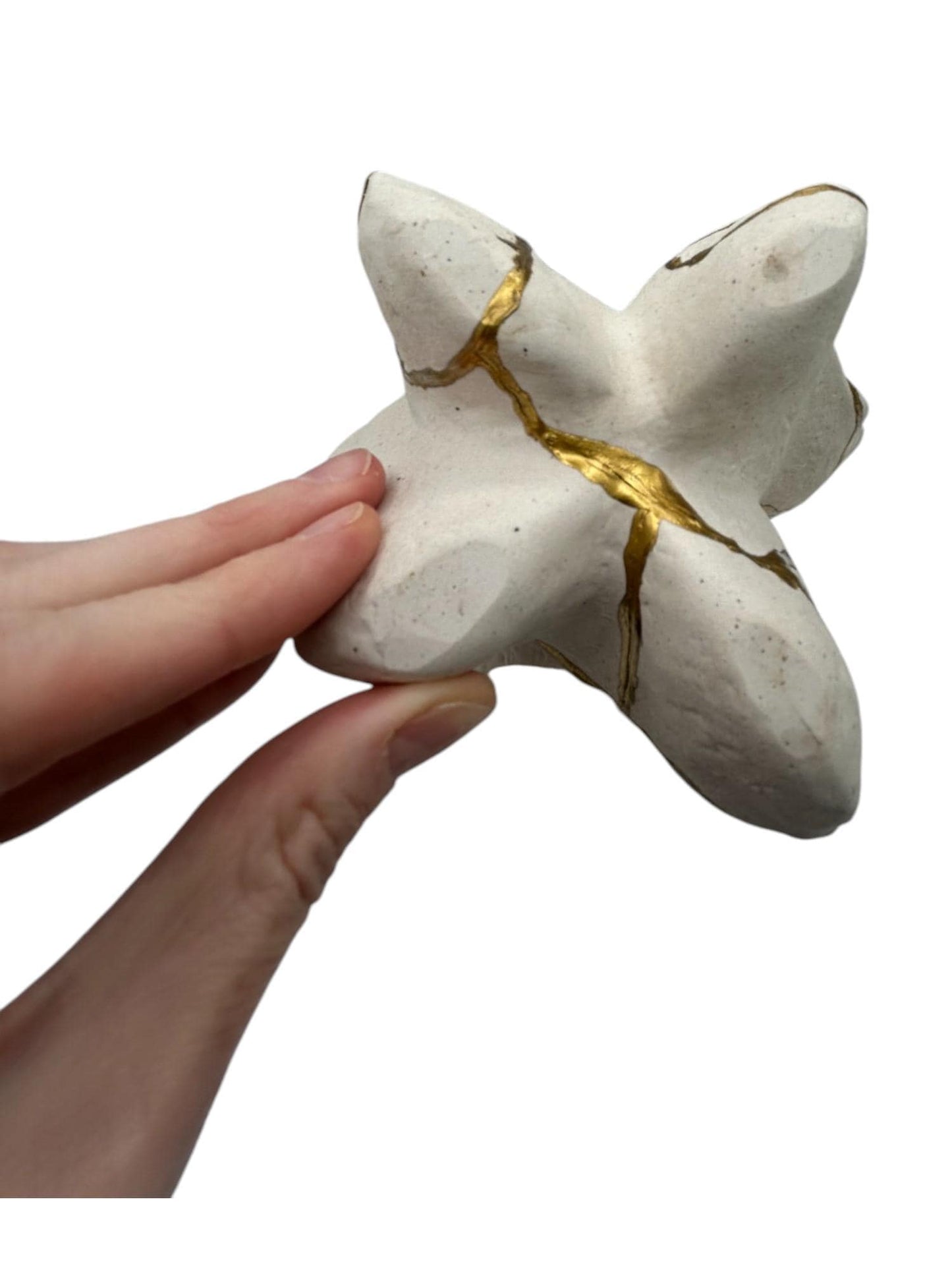 buy online luxury, handmade, one of a kind, modern kintsugi/wabi sabi japanese pottery art gift small warm white stoneware fossil vase decorative for dried flowers with, rough texture and gold paint along break lines for sale