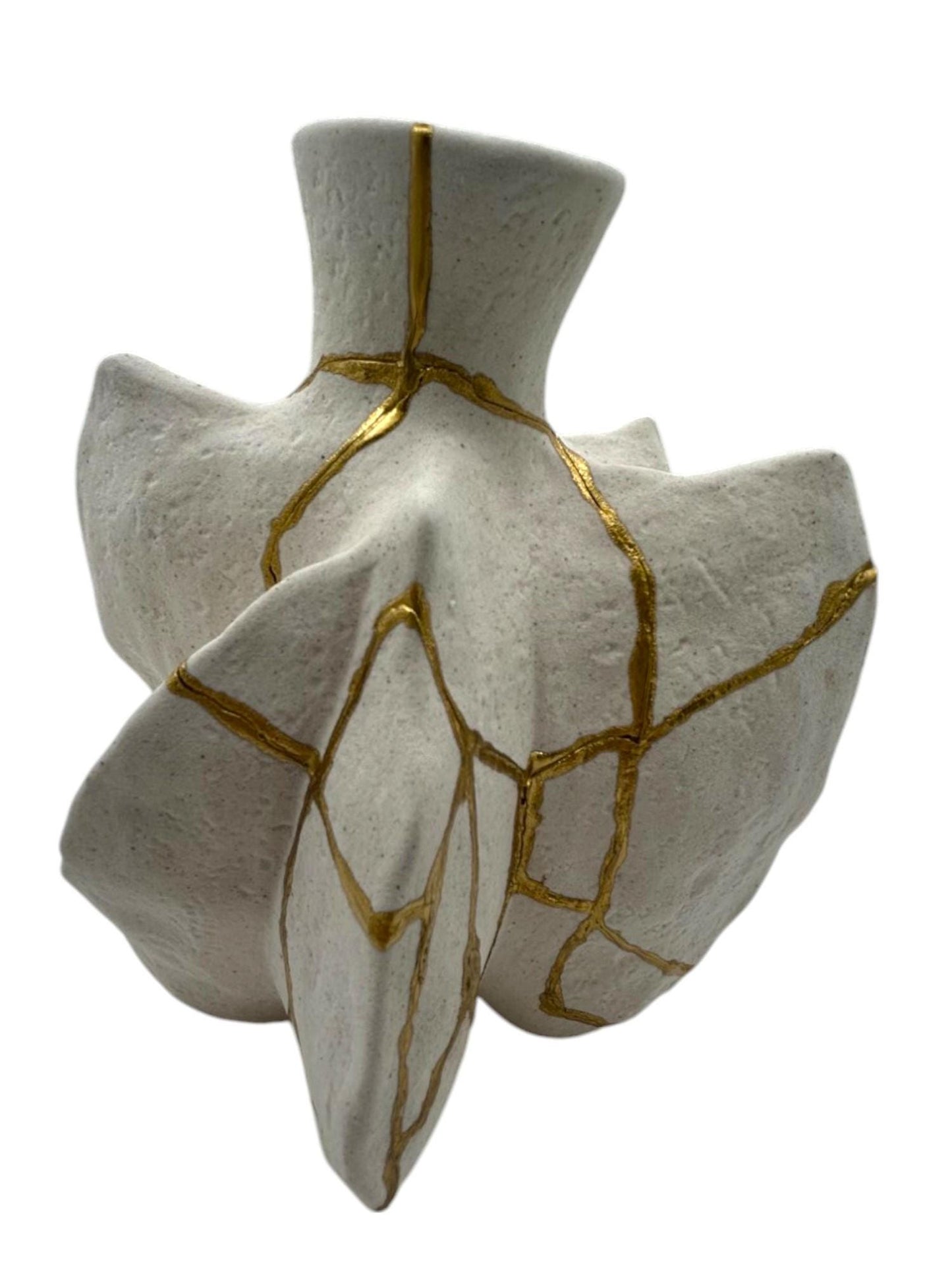 buy online luxury, handmade, one of a kind, modern kintsugi/wabi sabi japanese pottery art gift small warm white stoneware fossil vase decorative for dried flowers with, rough texture and gold paint along break lines for sale