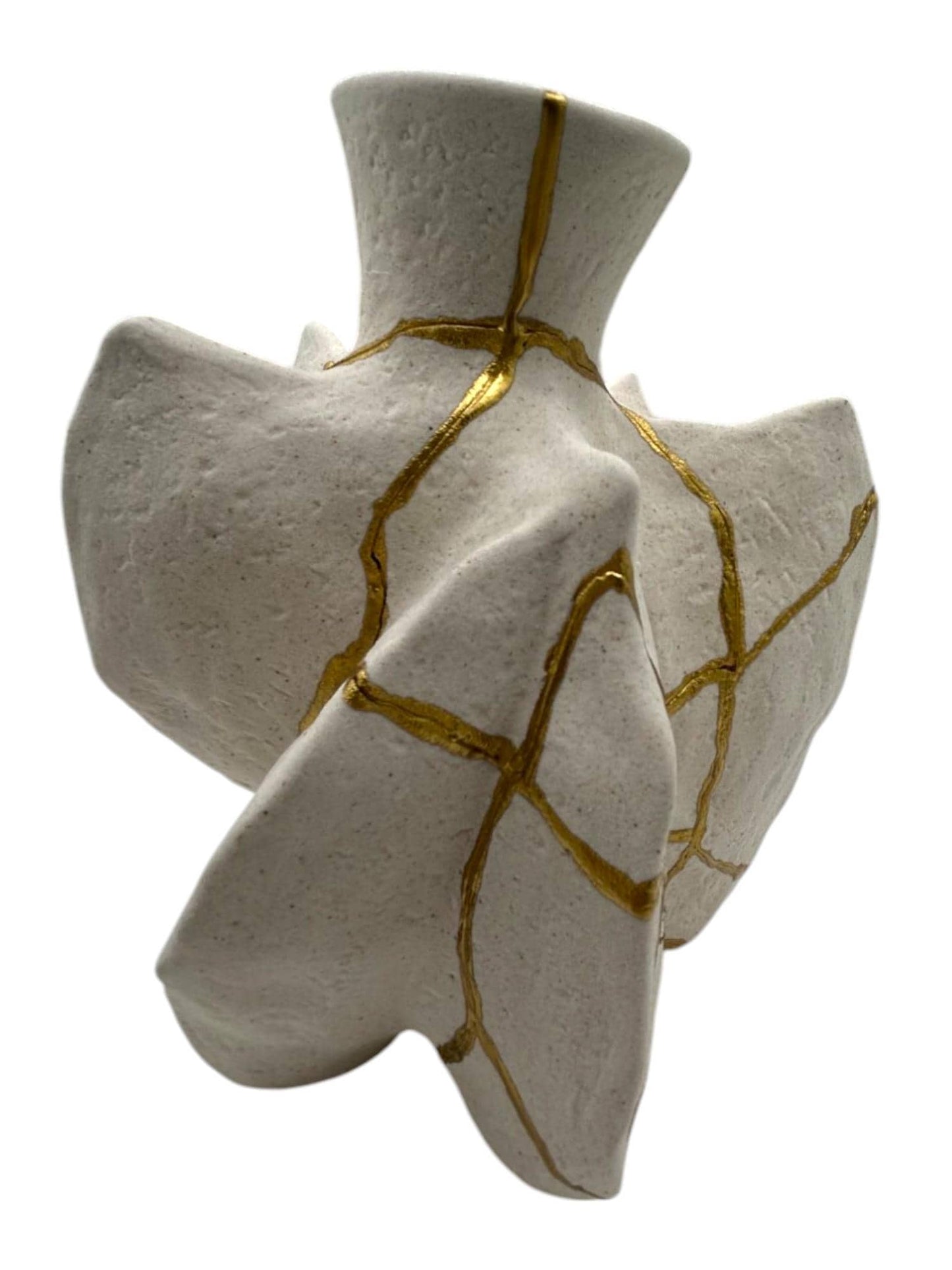 buy online luxury, handmade, one of a kind, modern kintsugi/wabi sabi japanese pottery art gift small warm white stoneware fossil vase decorative for dried flowers with, rough texture and gold paint along break lines for sale