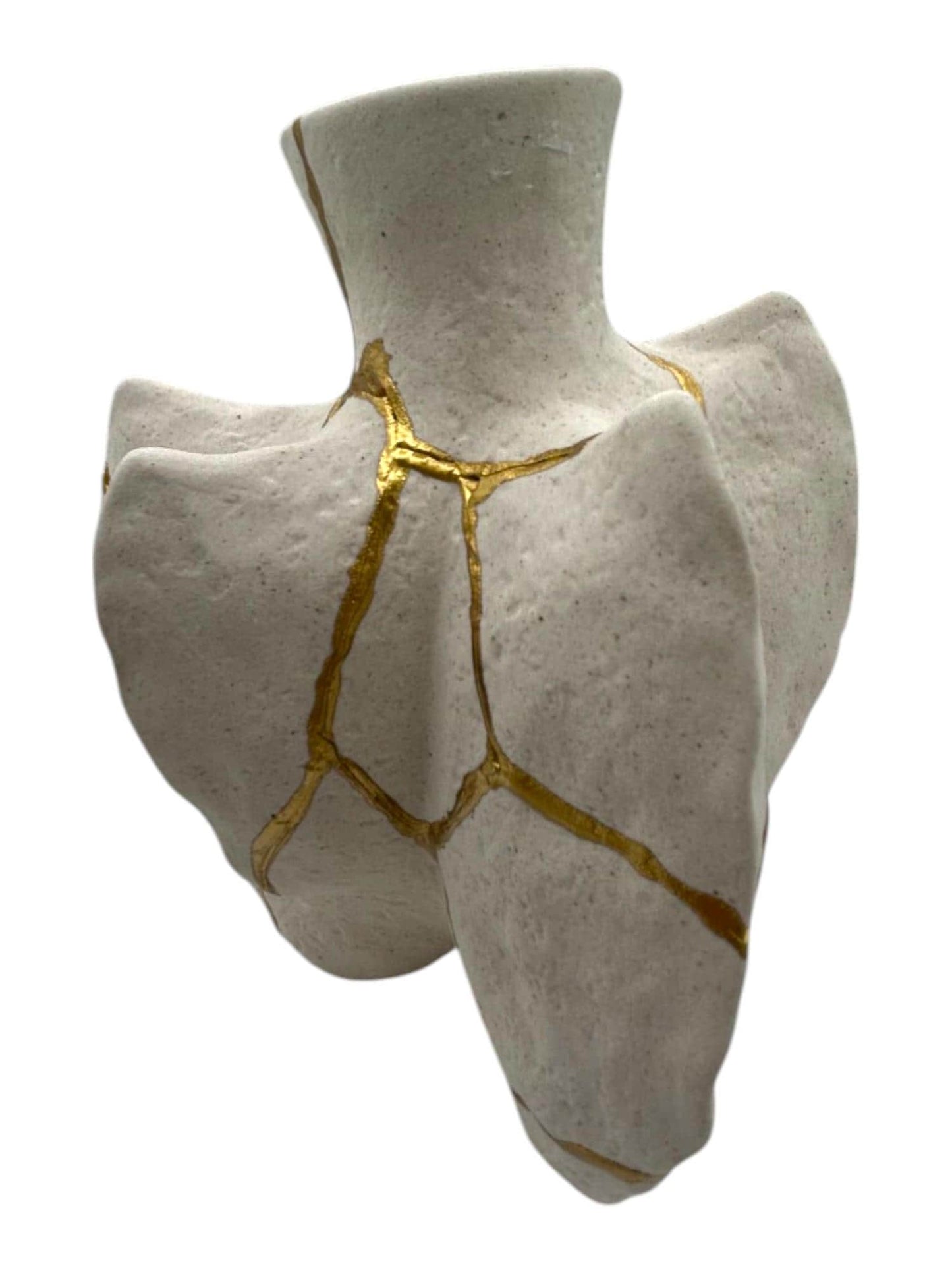 buy online luxury, handmade, one of a kind, modern kintsugi/wabi sabi japanese pottery art gift small warm white stoneware fossil vase decorative for dried flowers with, rough texture and gold paint along break lines for sale