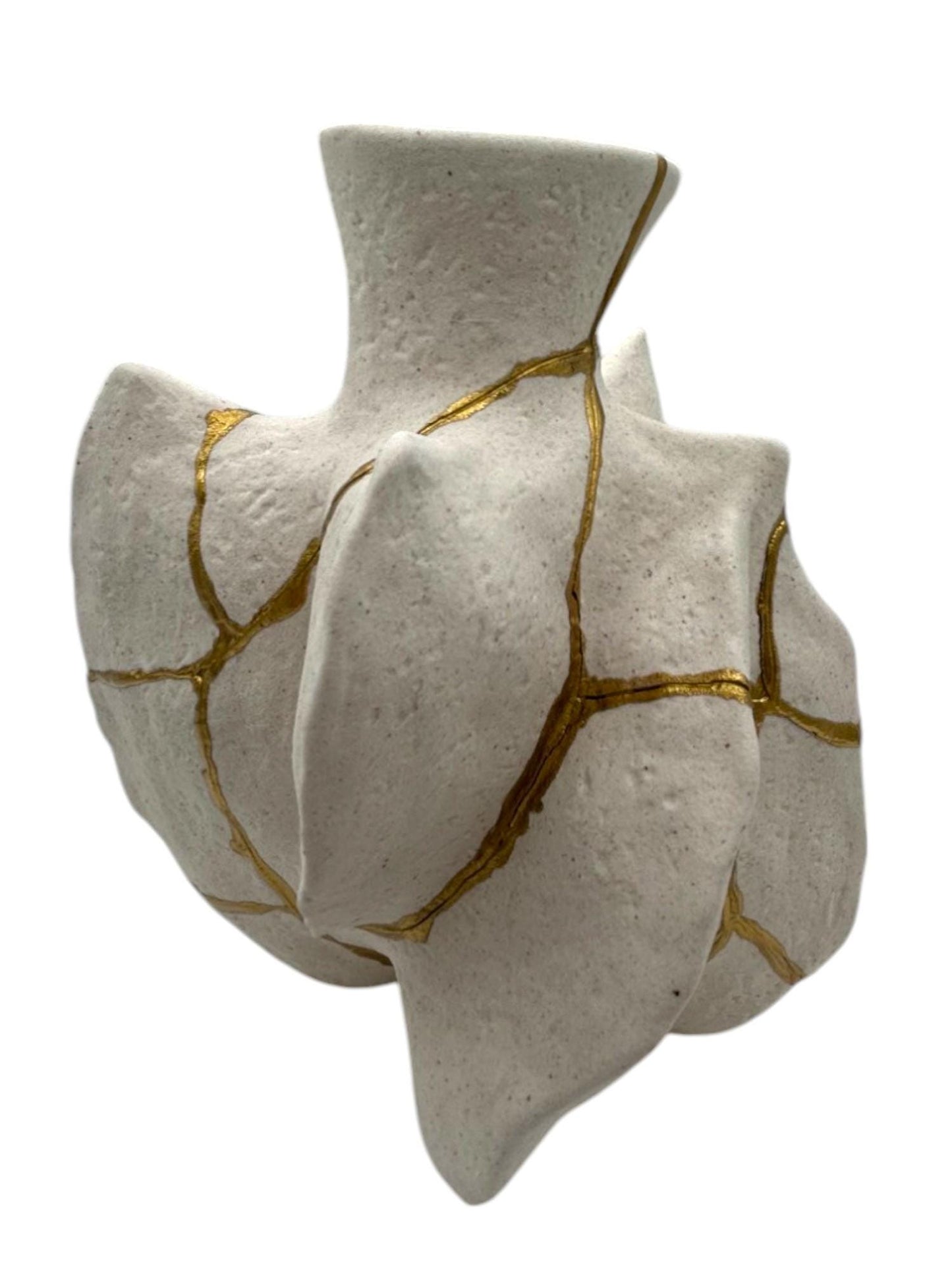 buy online luxury, handmade, one of a kind, modern kintsugi/wabi sabi japanese pottery art gift small warm white stoneware fossil vase decorative for dried flowers with, rough texture and gold paint along break lines for sale