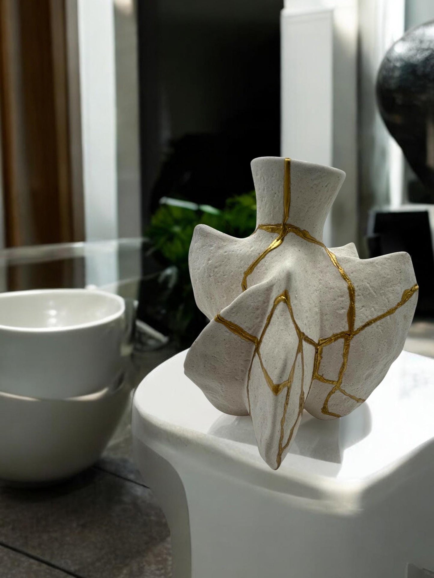 buy online luxury, handmade, one of a kind, modern kintsugi/wabi sabi japanese pottery art gift small warm white stoneware fossil vase decorative for dried flowers with, rough texture and gold paint along break lines for sale