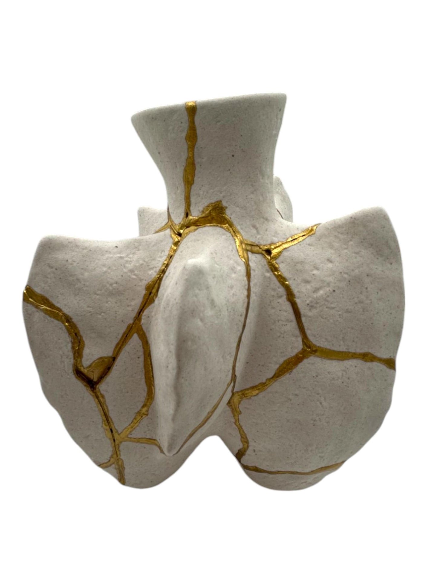 buy online luxury, handmade, one of a kind, modern kintsugi/wabi sabi japanese pottery art gift small warm white stoneware fossil vase decorative for dried flowers with, rough texture and gold paint along break lines for sale