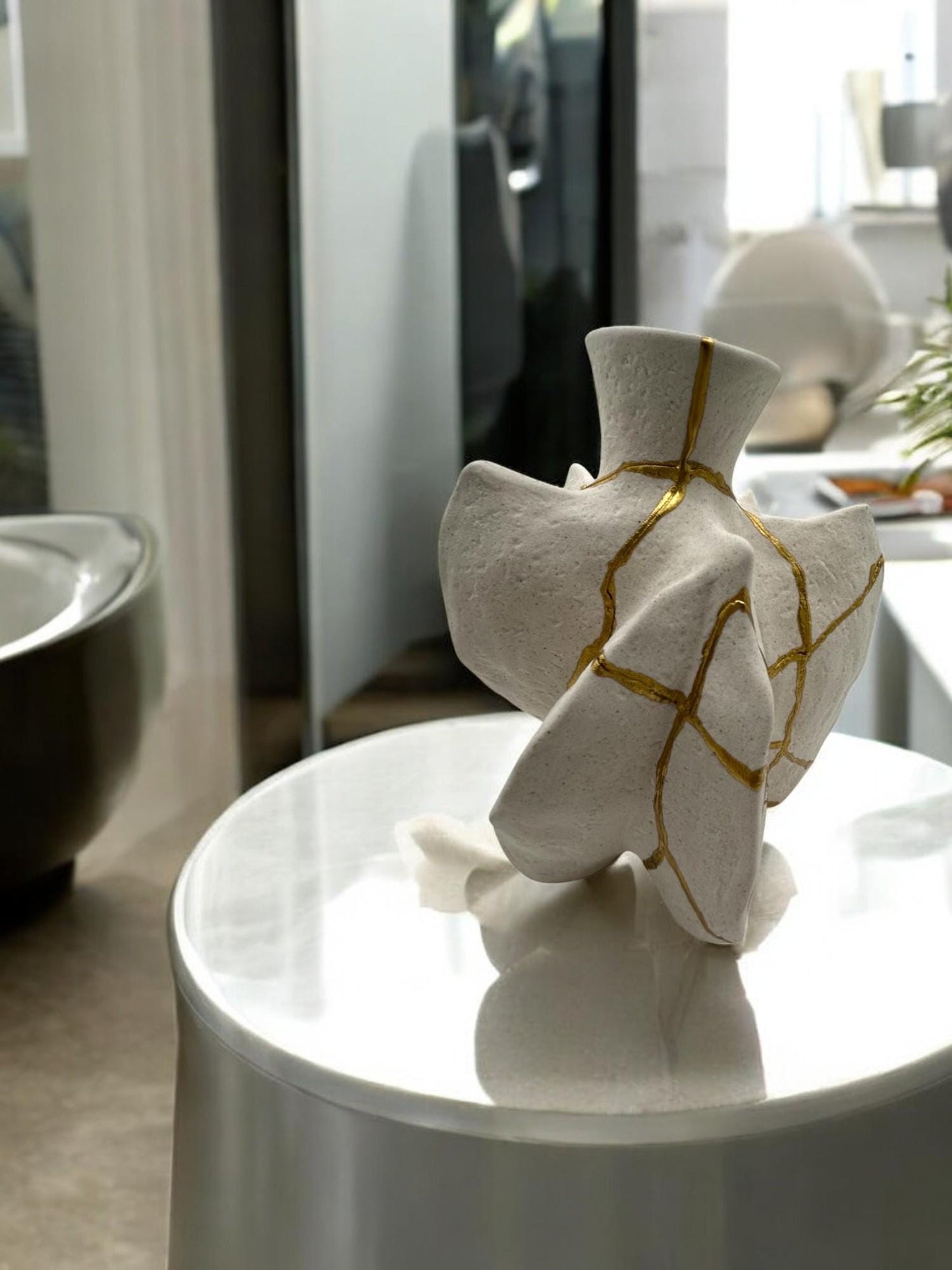 buy online luxury, handmade, one of a kind, modern kintsugi/wabi sabi japanese pottery art gift small warm white stoneware fossil vase decorative for dried flowers with, rough texture and gold paint along break lines for sale