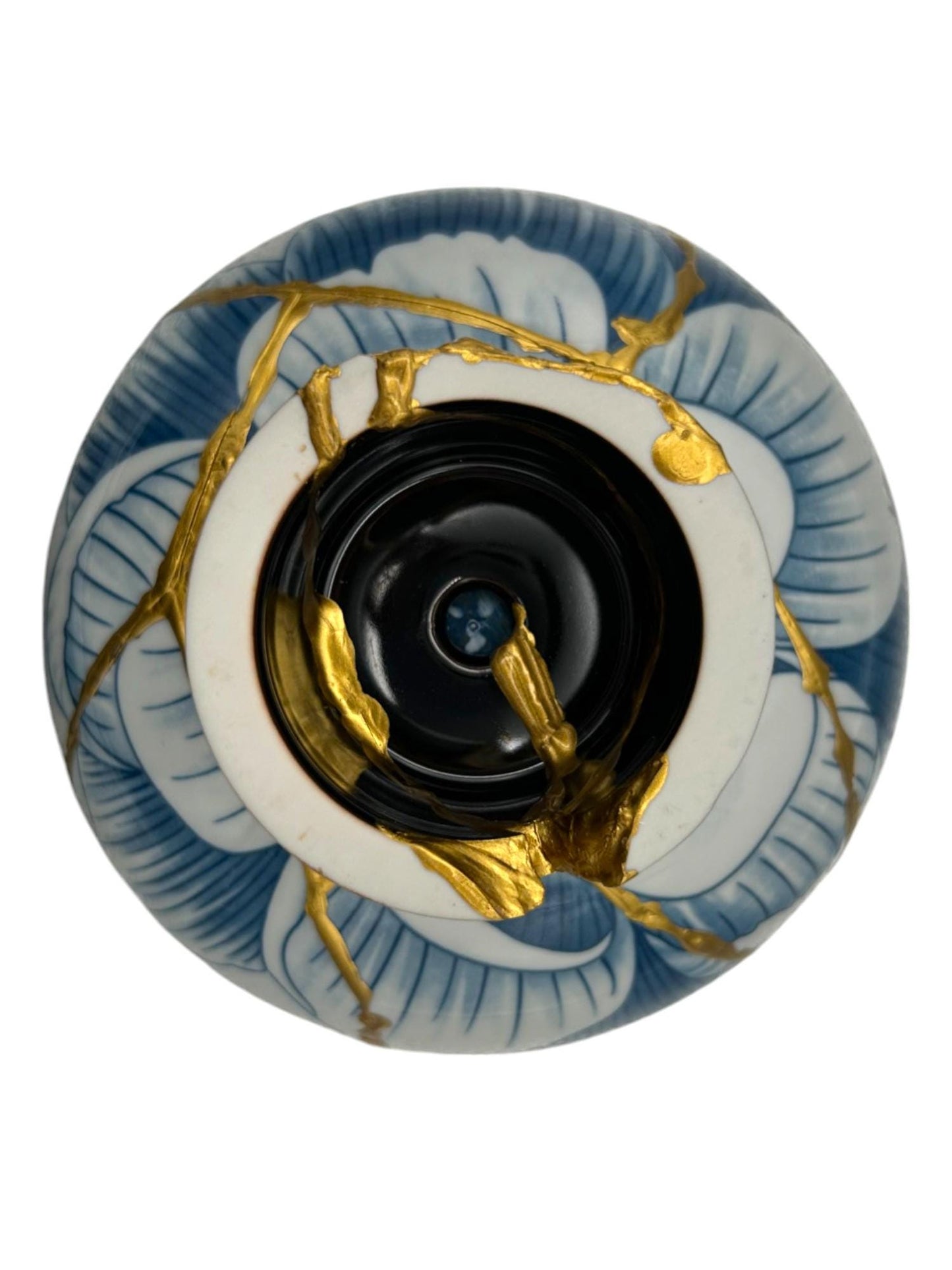 SOLD Kintsugi Pedestal Bowl w/Charm - Gift Presentation Box - Japanese Pottery Broken + Repaired - Hand Painted Gold - Blue Lotus - (D) 6.375in