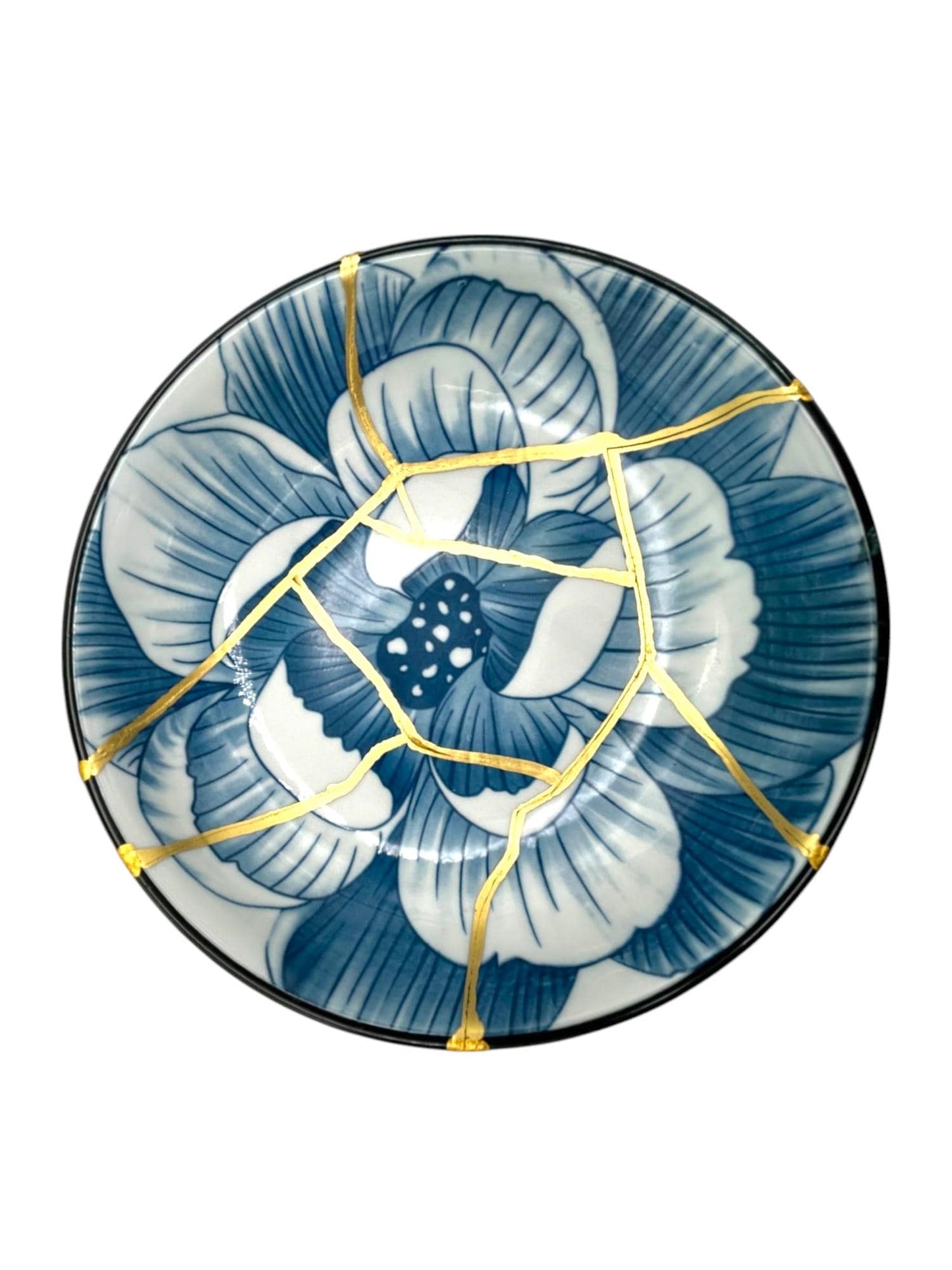 SOLD Kintsugi Pedestal Bowl w/Charm - Gift Presentation Box - Japanese Pottery Broken + Repaired - Hand Painted Gold - Blue Lotus - (D) 6.375in