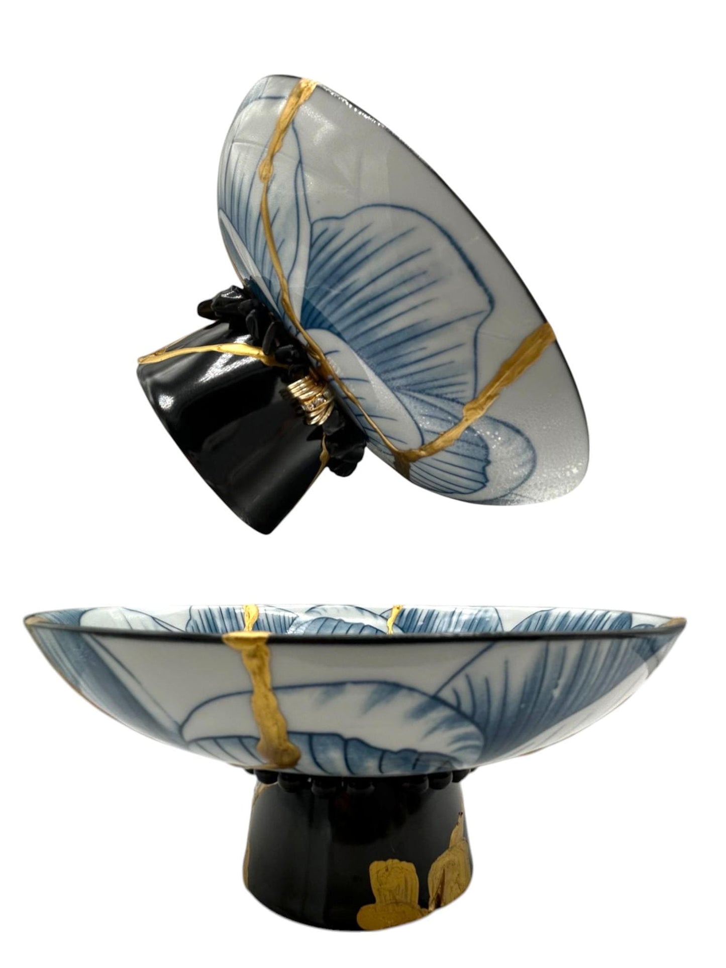SOLD Kintsugi Pedestal Bowl w/Charm - Gift Presentation Box - Japanese Pottery Broken + Repaired - Hand Painted Gold - Blue Lotus - (D) 6.375in