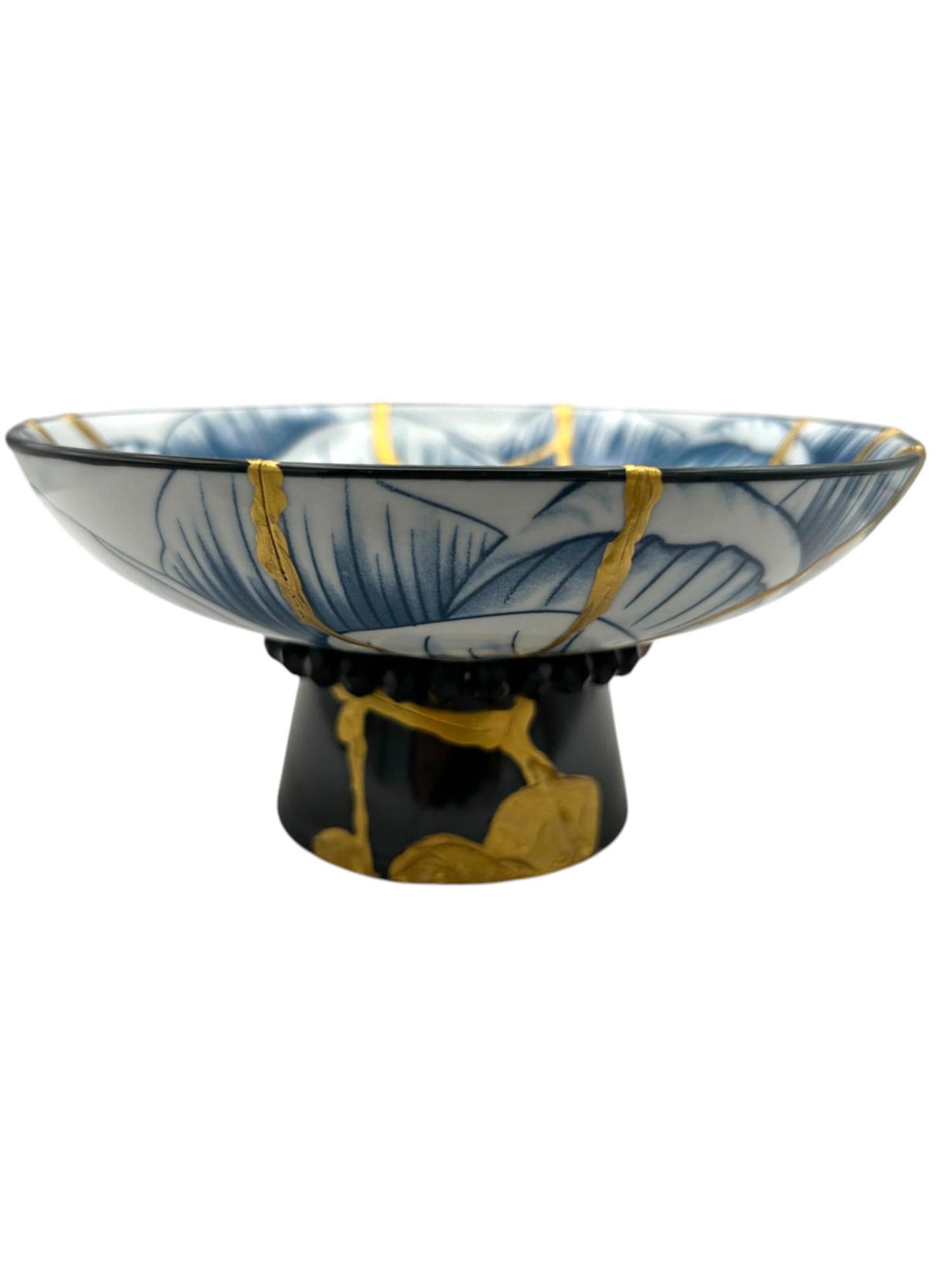 buy online luxury, handmade, one of a kind, modern kintsugi japanese pottery art gift small pedestal bowl with hammered rose gold and black bead charm accent on base and gold paint over break lines for sale