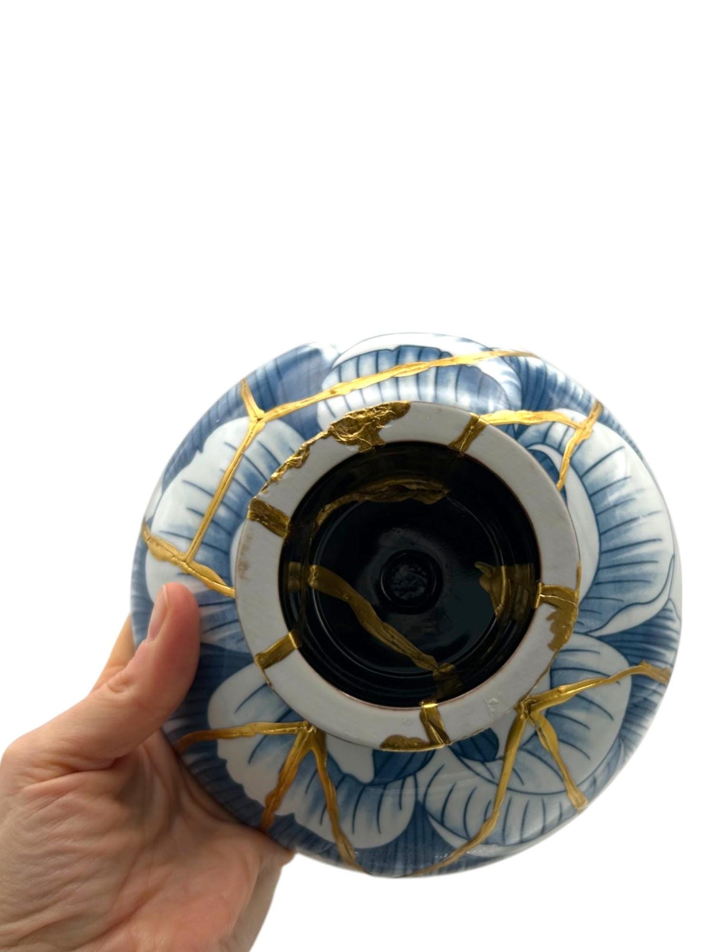 buy online luxury, handmade, one of a kind, modern kintsugi japanese pottery art gift small pedestal bowl with hammered rose gold and black bead charm accent on base and gold paint over break lines for sale