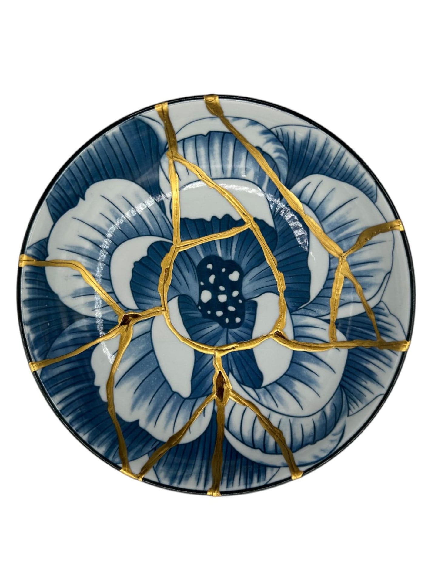 buy online luxury, handmade, one of a kind, modern kintsugi japanese pottery art gift small pedestal bowl with hammered rose gold and black bead charm accent on base and gold paint over break lines for sale