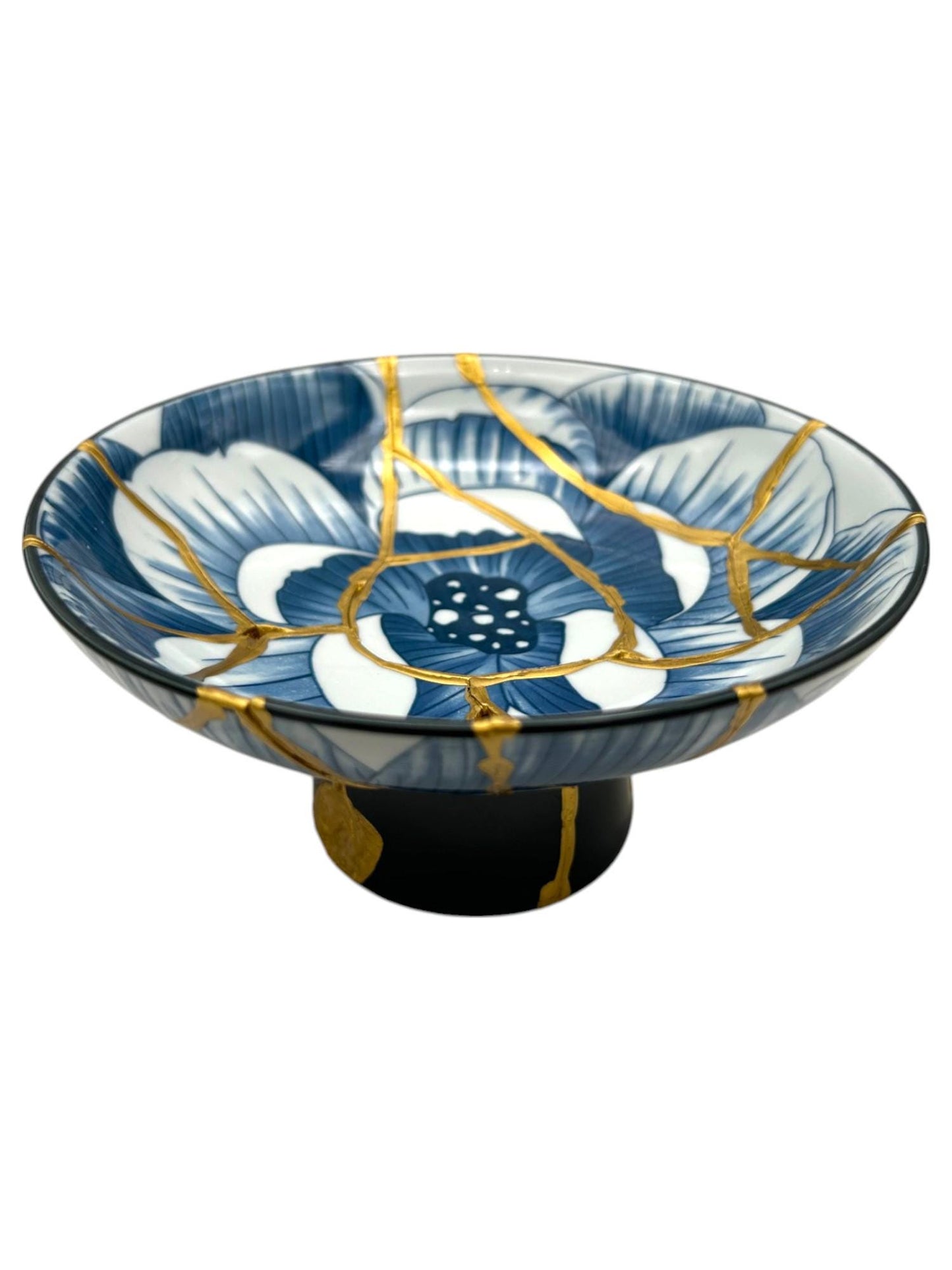 buy online luxury, handmade, one of a kind, modern kintsugi japanese pottery art gift small pedestal bowl with hammered rose gold and black bead charm accent on base and gold paint over break lines for sale