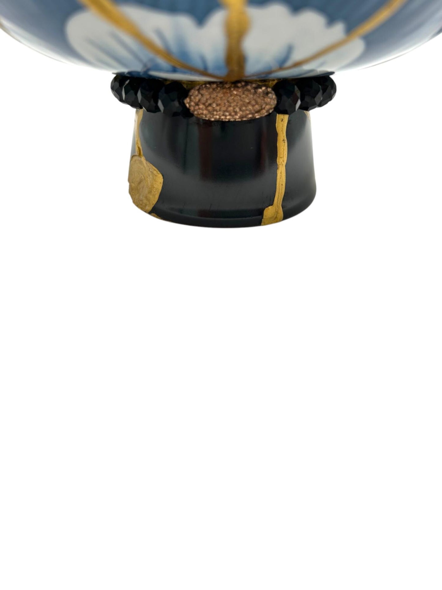 buy online luxury, handmade, one of a kind, modern kintsugi japanese pottery art gift small pedestal bowl with hammered rose gold and black bead charm accent on base and gold paint over break lines for sale